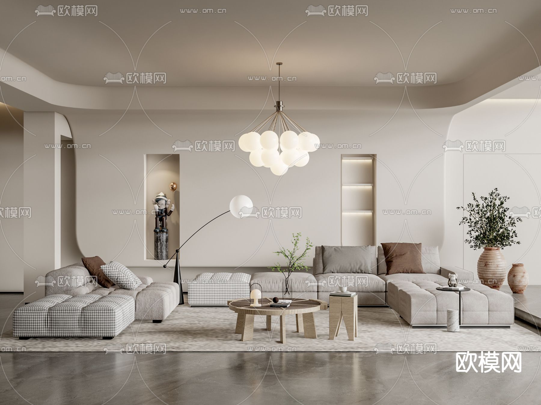 侘寂布艺沙发组合su模型下载（渲染图1）