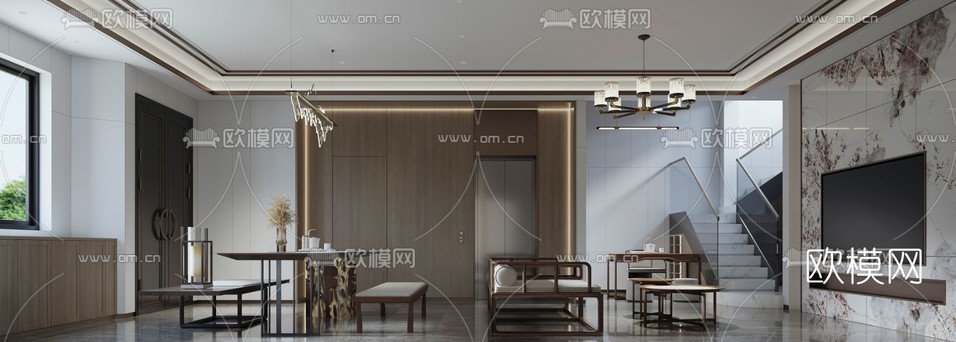 新中式复式客厅餐厅免费3d模型下载(渲染图1)