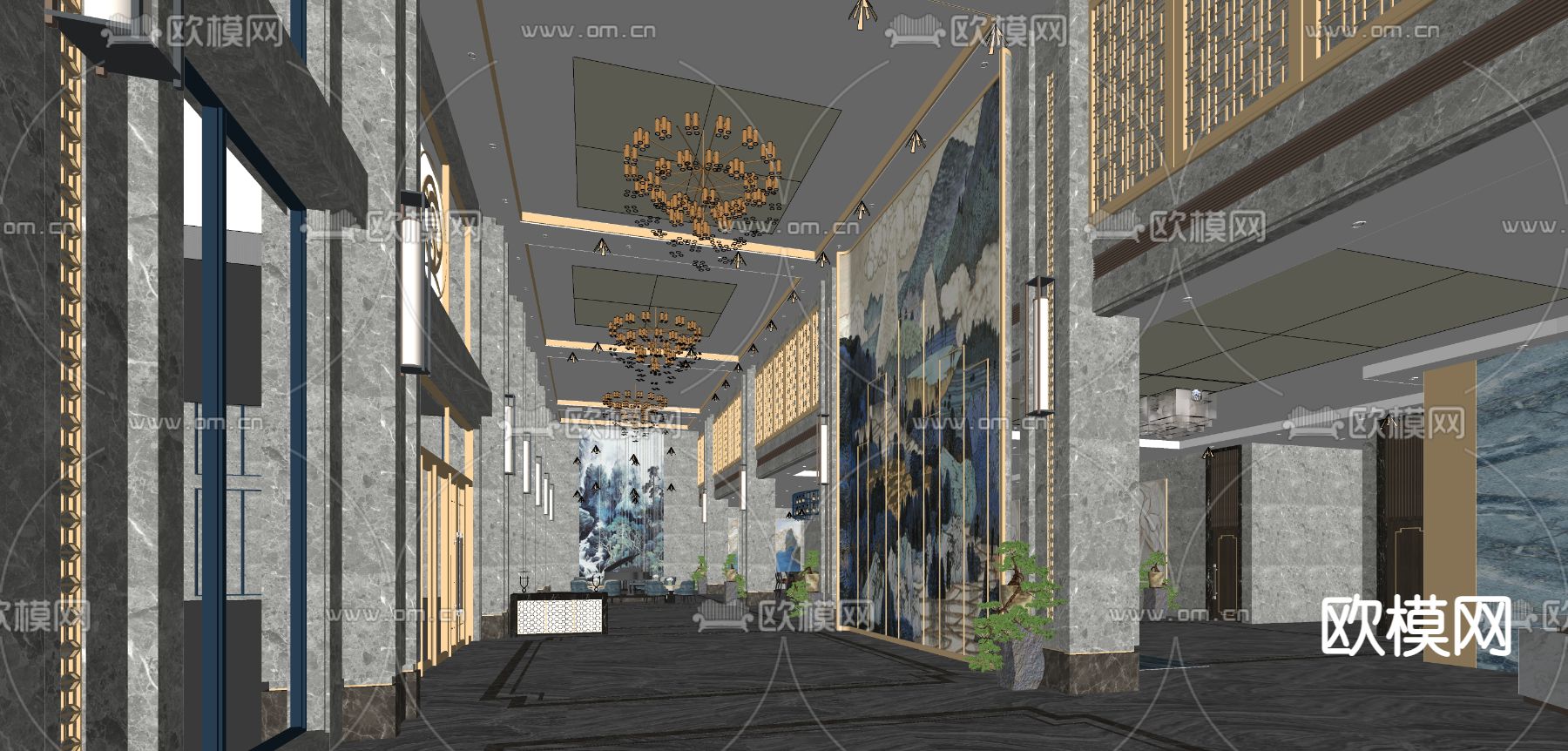 新中式酒店大堂su模型