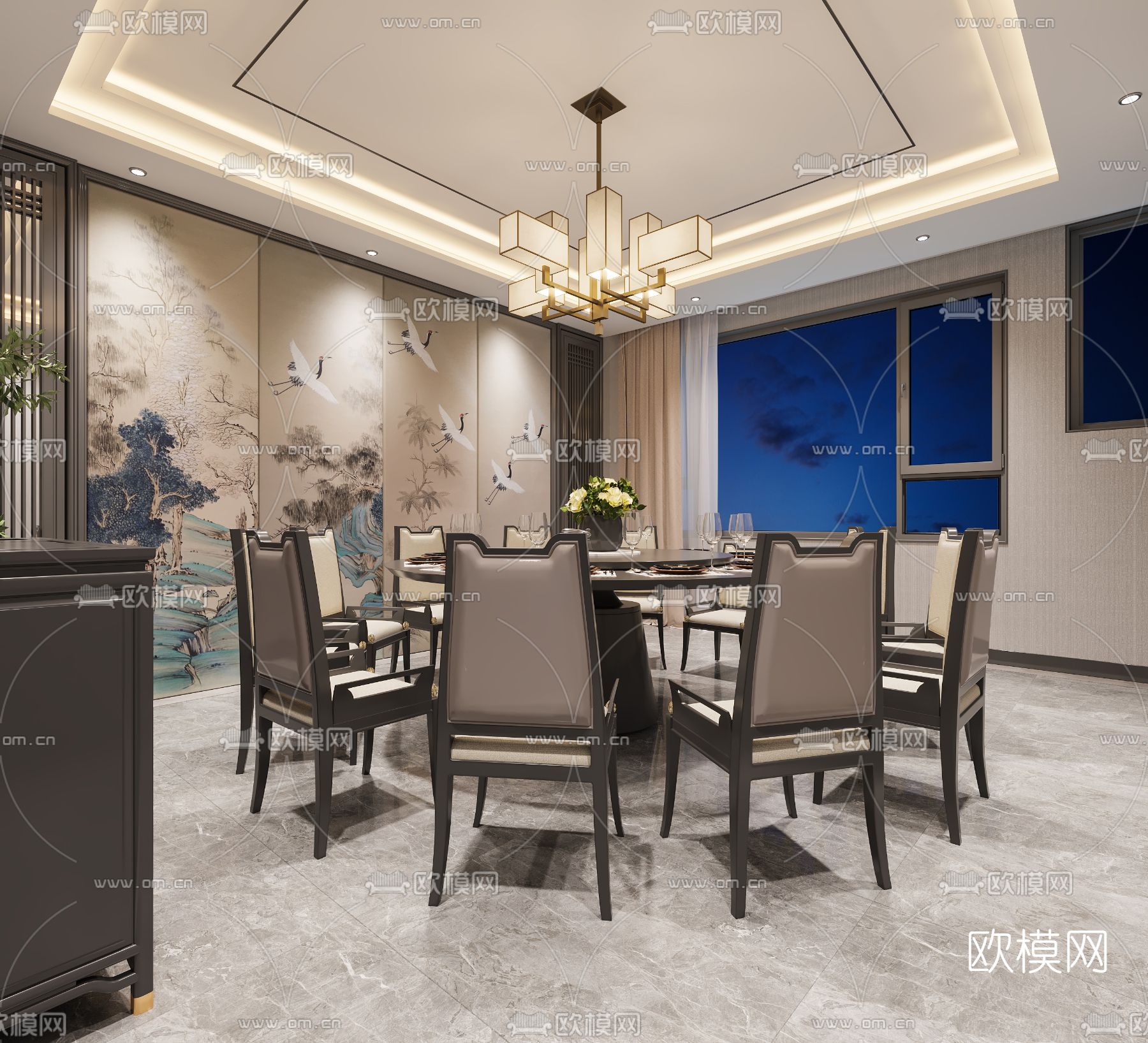 新中式餐厅包房免费3d模型下载（渲染图3）