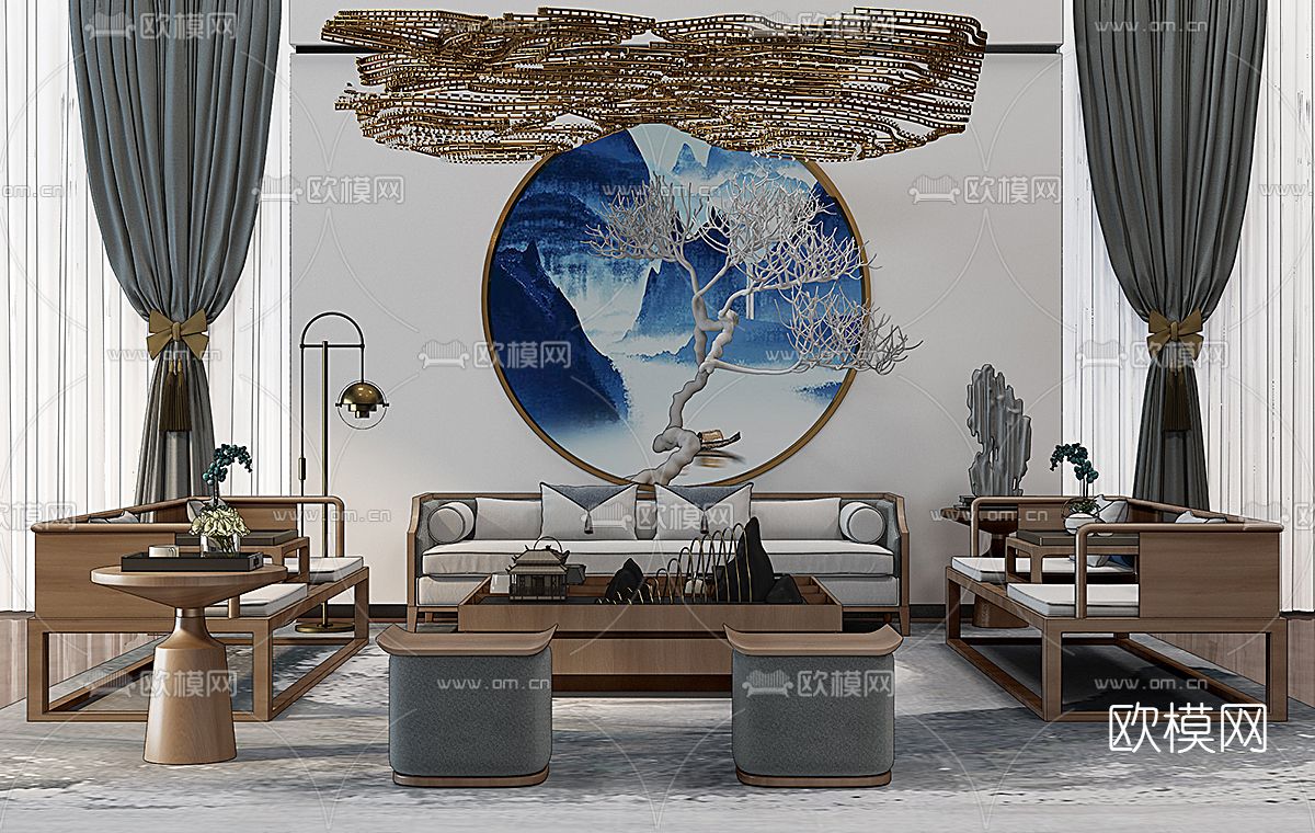 新中式布艺沙发组合免费3d模型下载