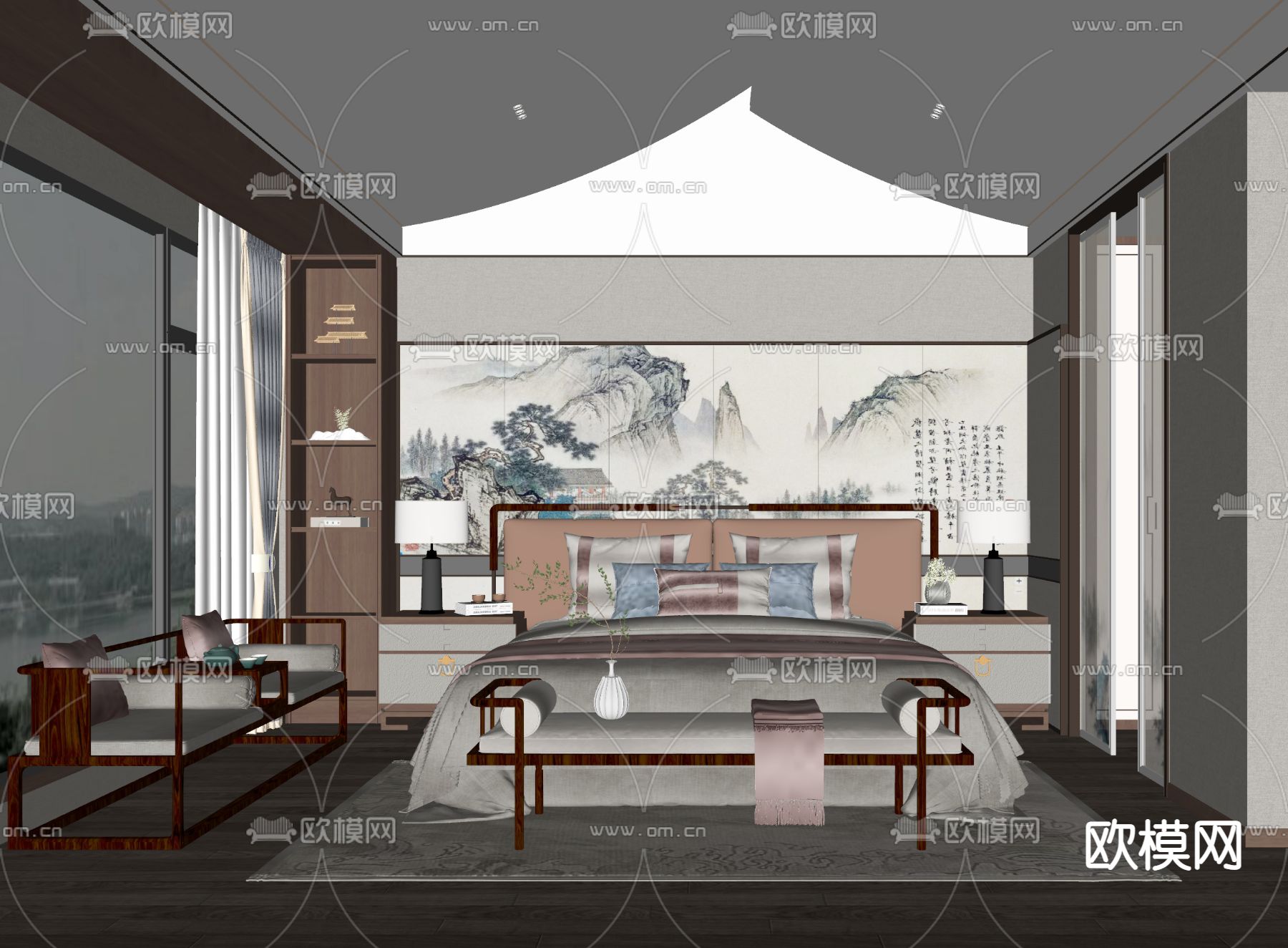 新中式卧室su模型下载（渲染图2）