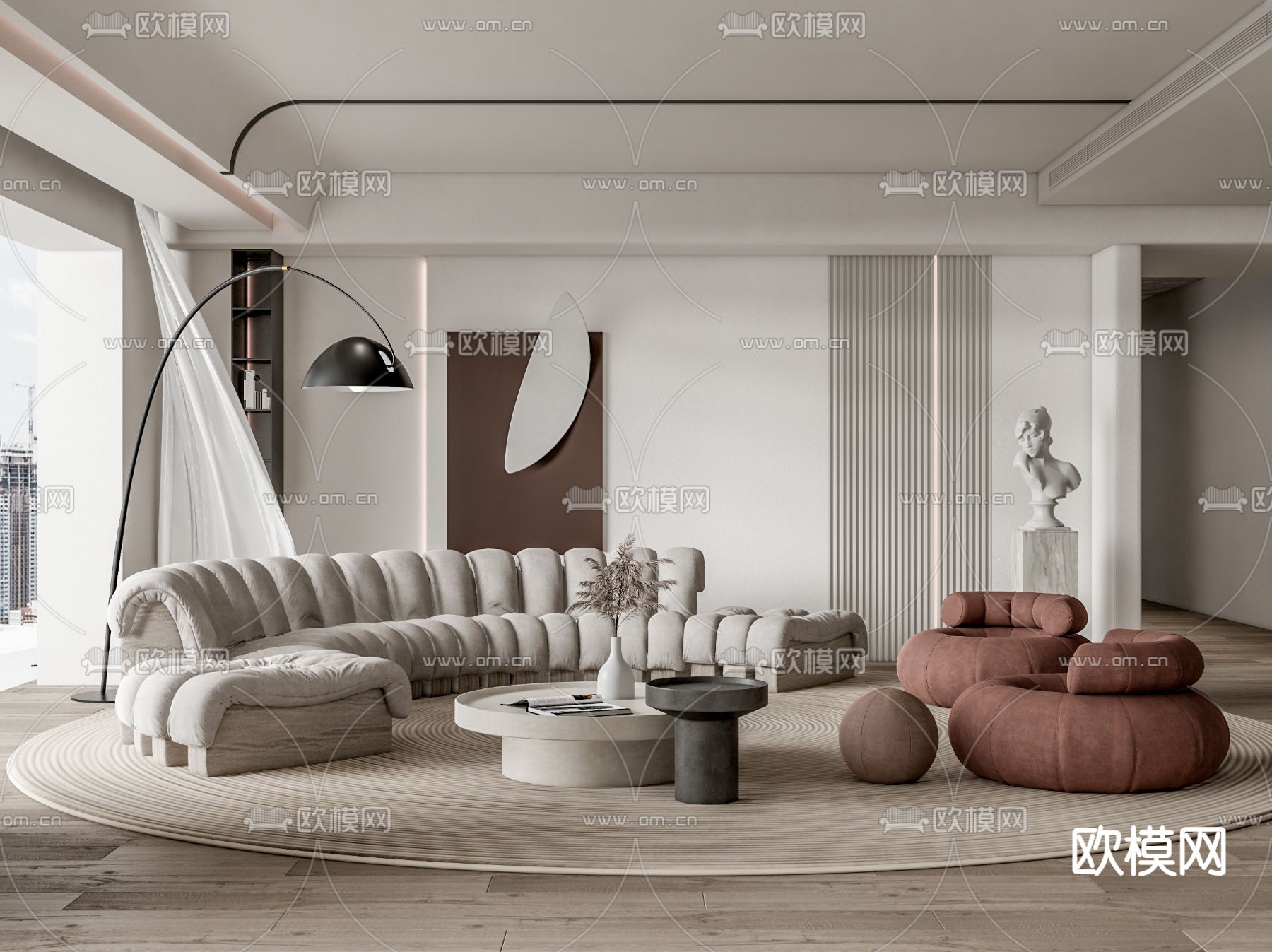 侘寂布艺沙发组合su模型下载（渲染图1）