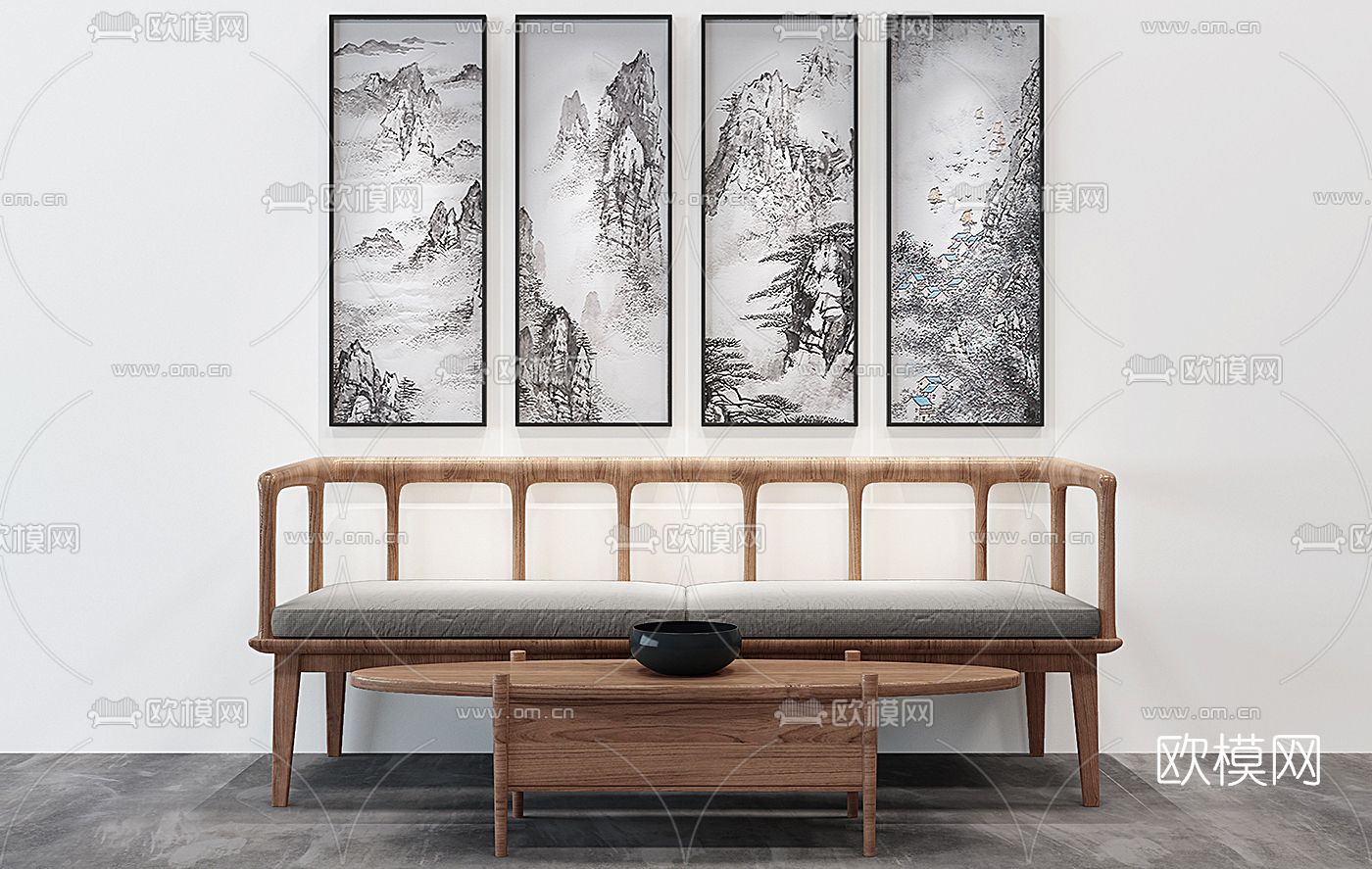 新中式布艺双人沙发免费3d模型下载