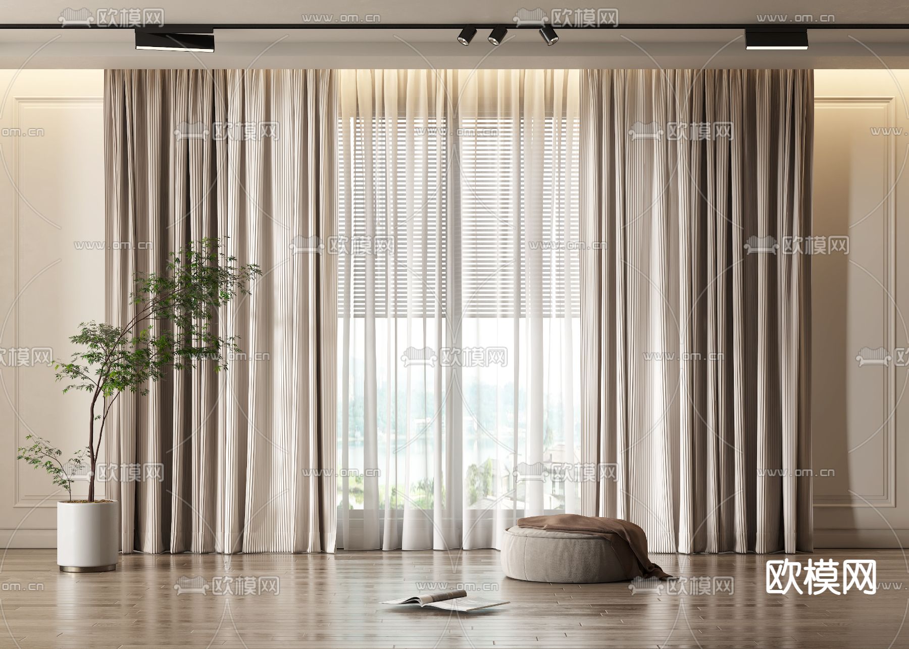 现代布艺窗帘3d模型下载