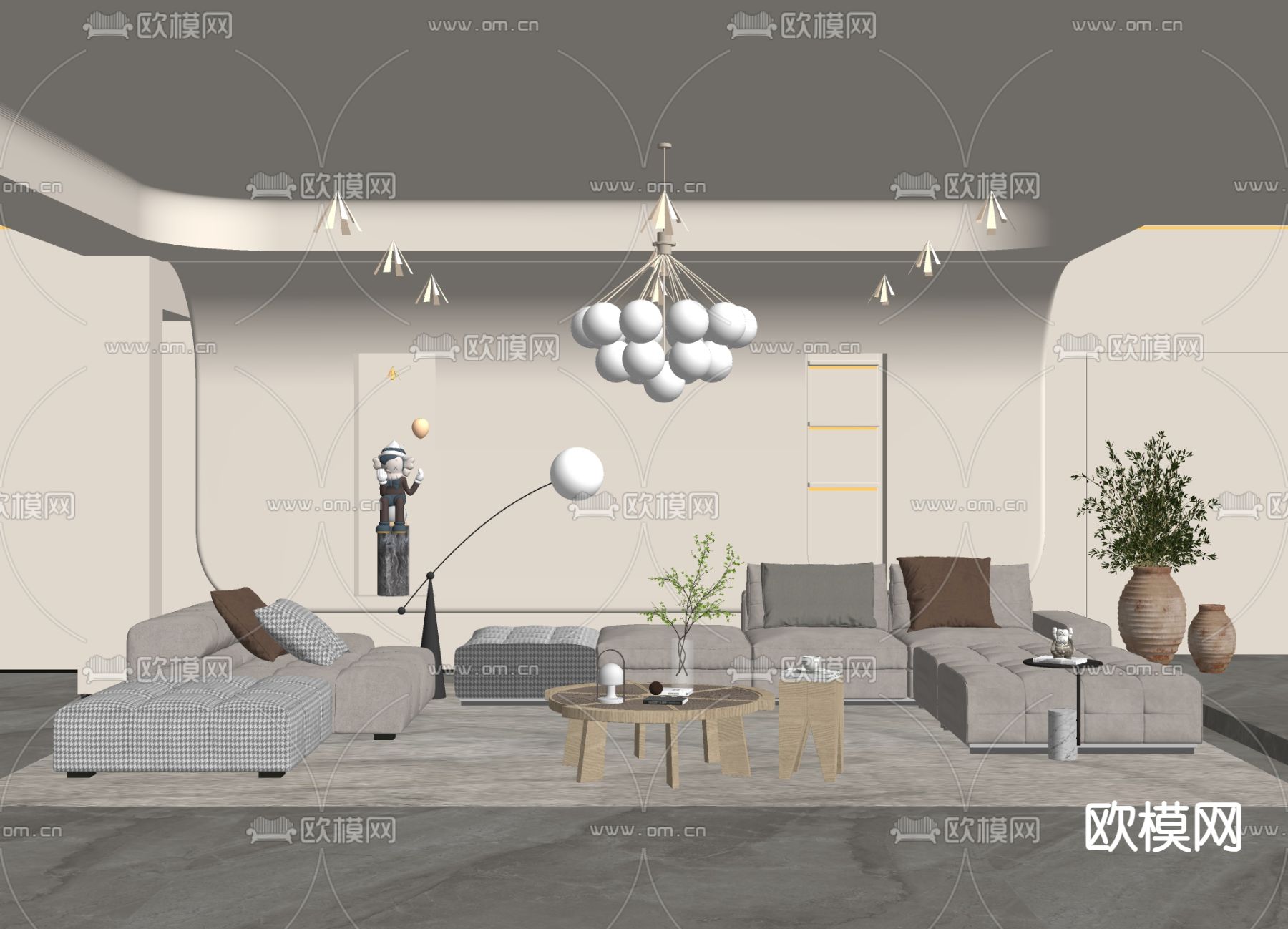 侘寂布艺沙发组合su模型下载（渲染图2）