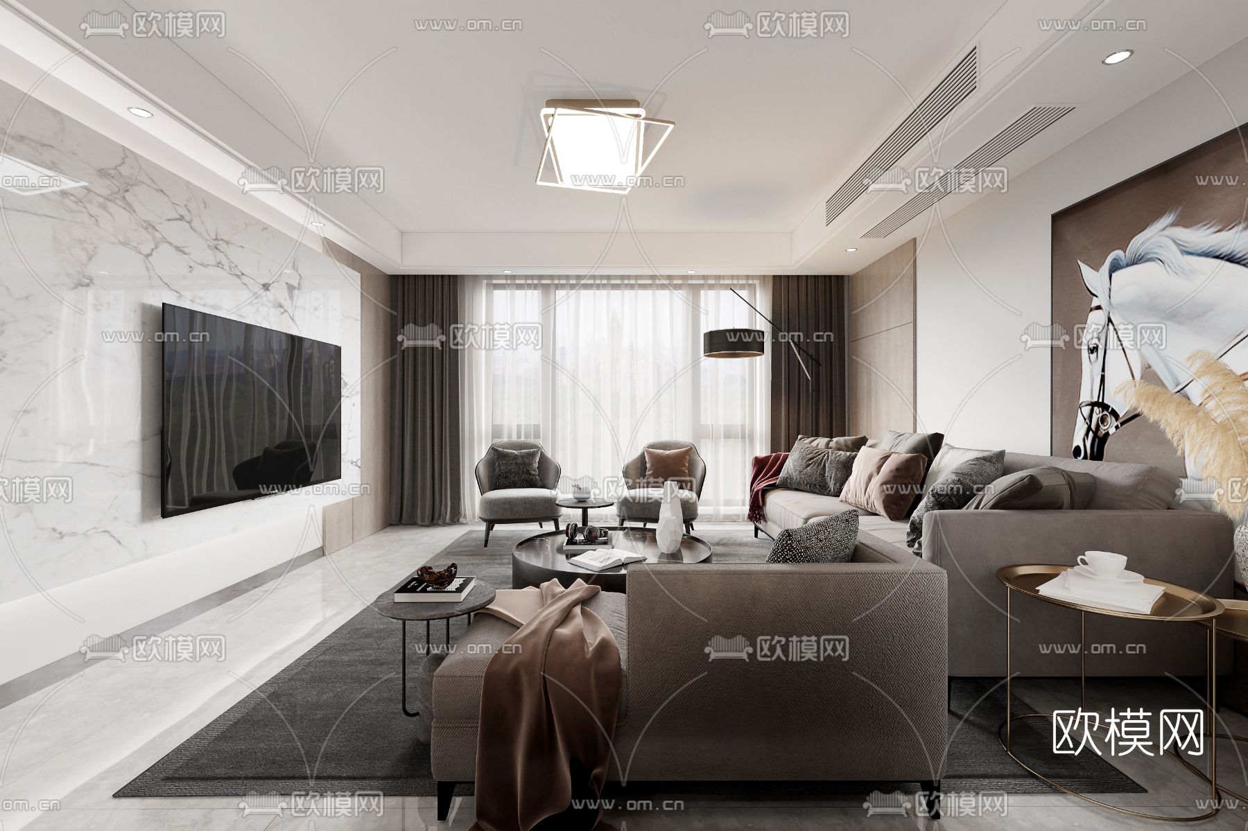 现代客厅餐厅免费3d模型下载（渲染图1）