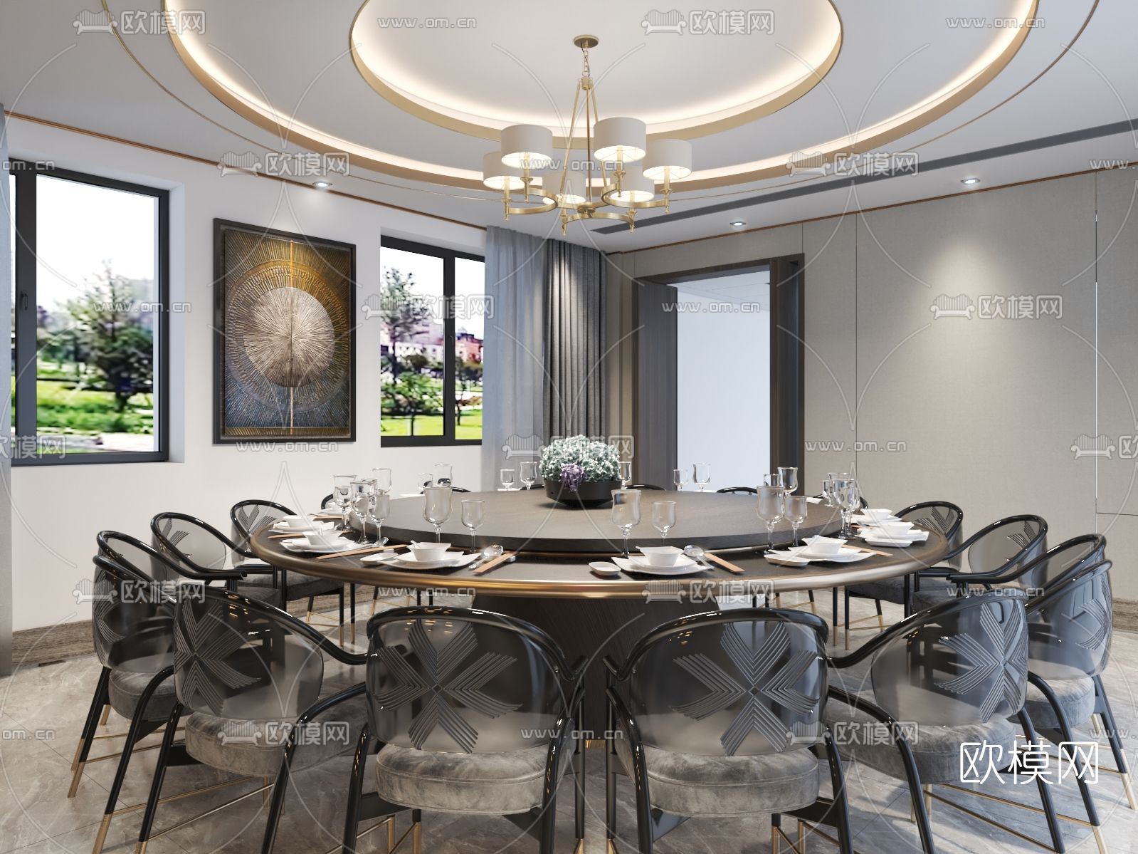 新中式餐厅包房免费3d模型下载（渲染图2）