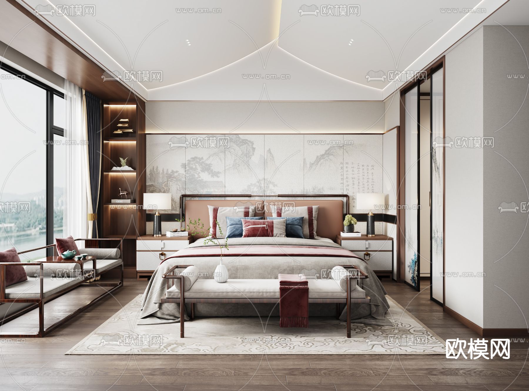 新中式卧室su模型下载（渲染图1）