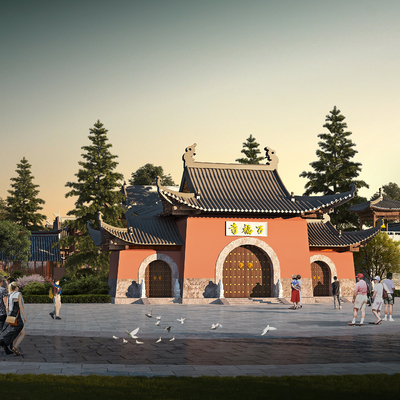  中式寺庙山门建筑su模型 