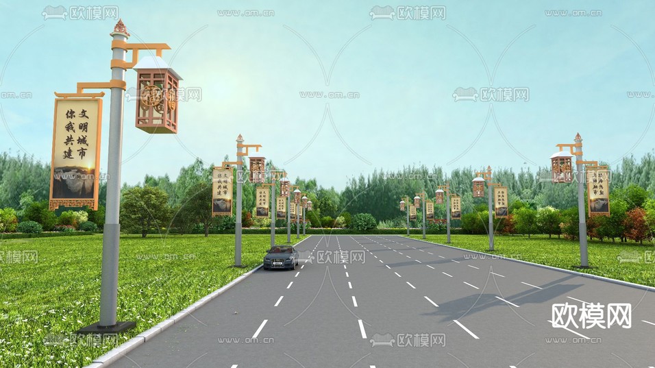 新中式道路马路景观3d模型下载