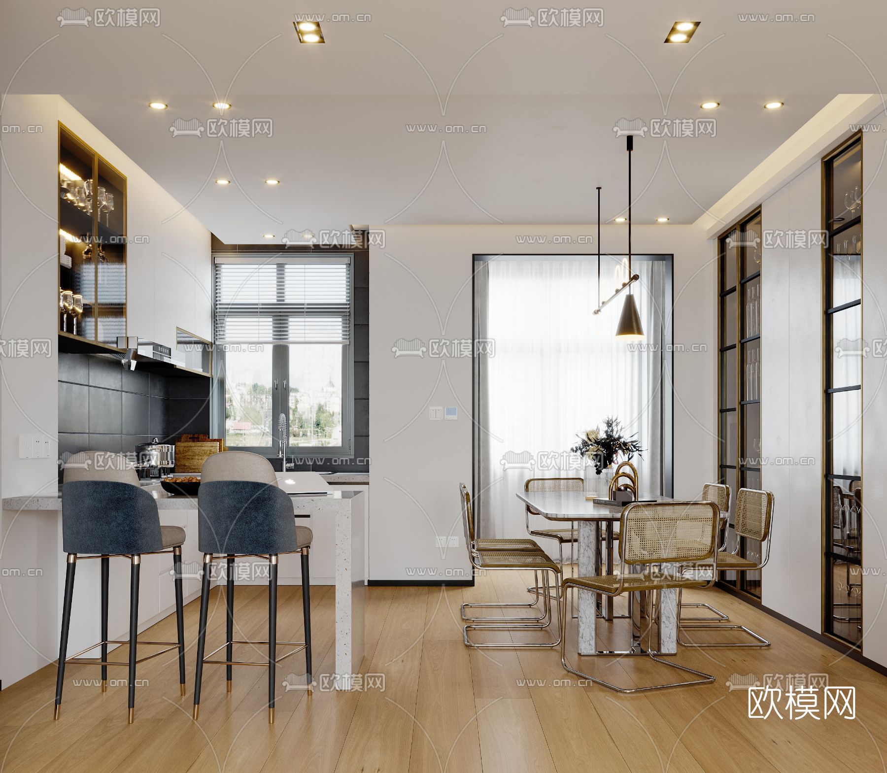 现代客厅餐厅免费3d模型下载（渲染图3）