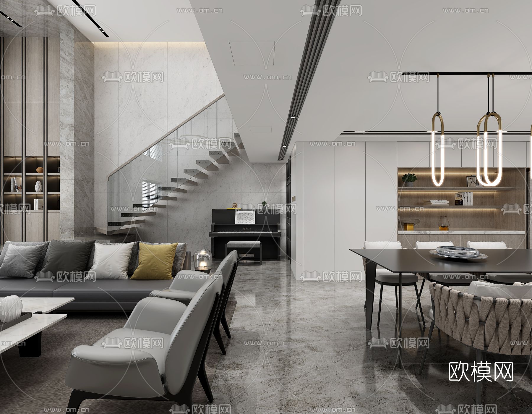 现代别墅客餐厅免费3d模型下载（渲染图4）