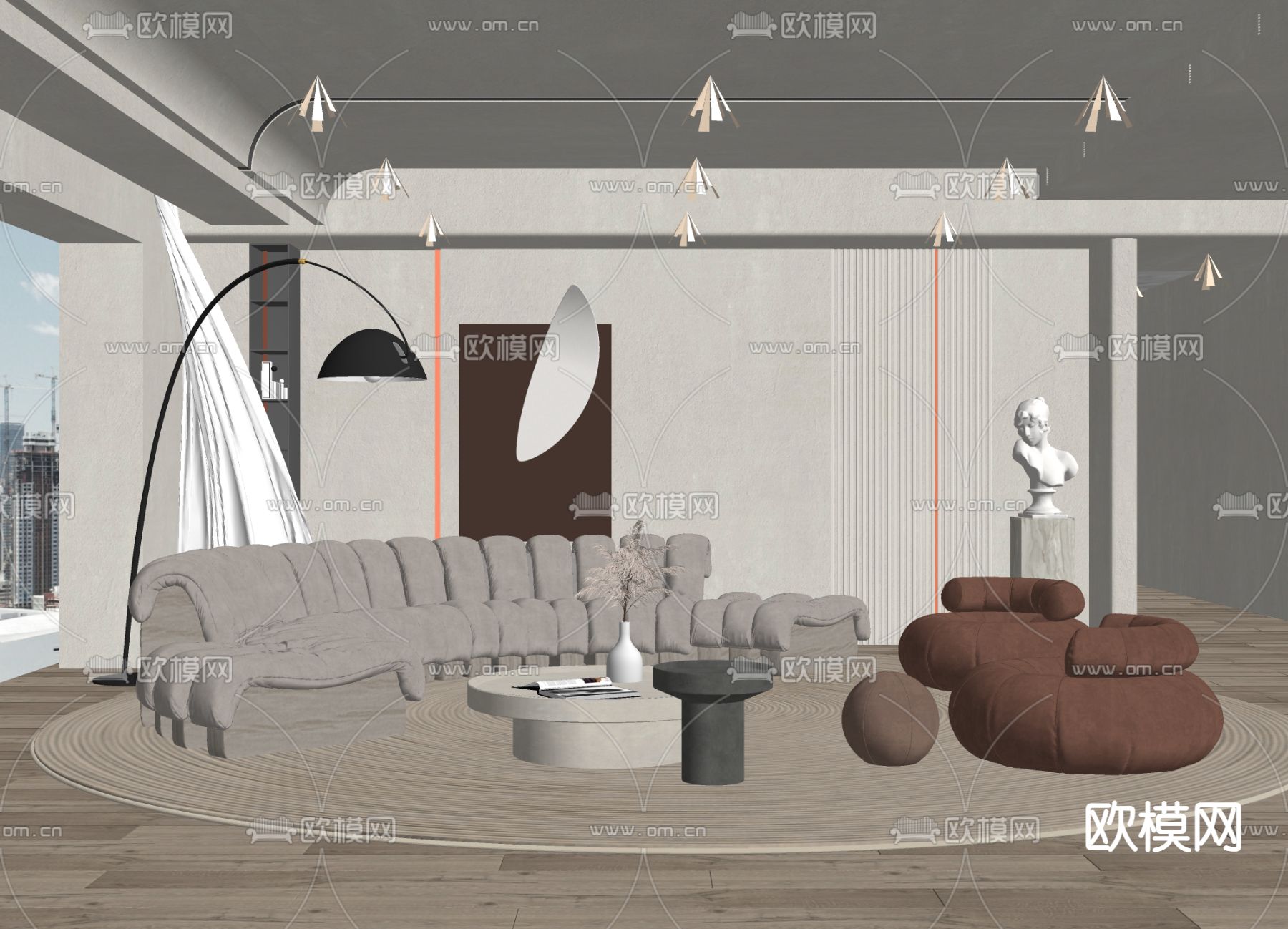 侘寂布艺沙发组合su模型下载（渲染图2）