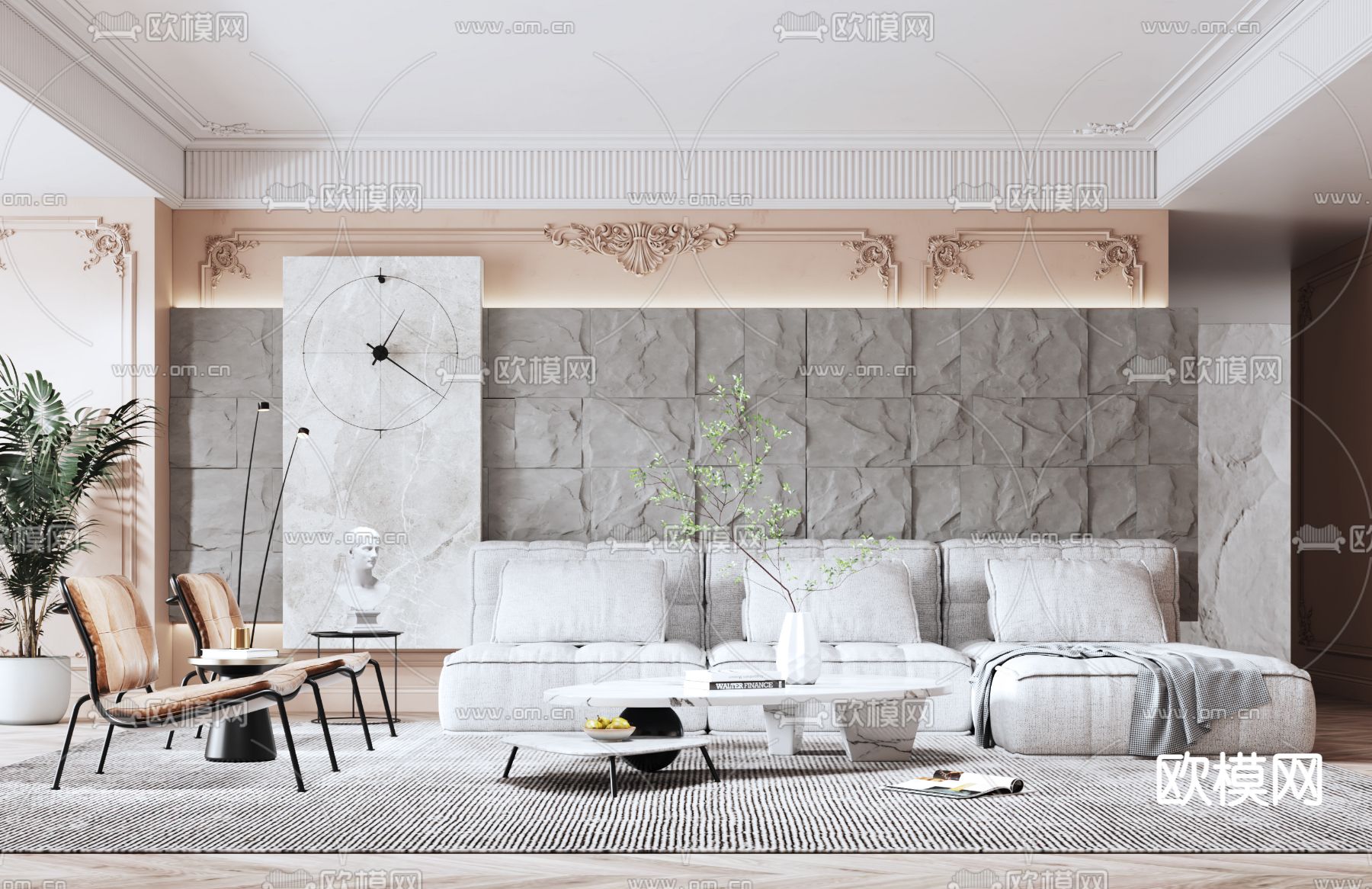 简欧布艺转角组合沙发su模型下载（渲染图1）