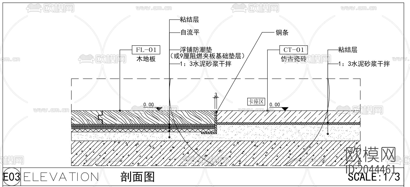 石材与木地板瓷砖收口节点大样下载（渲染图1）