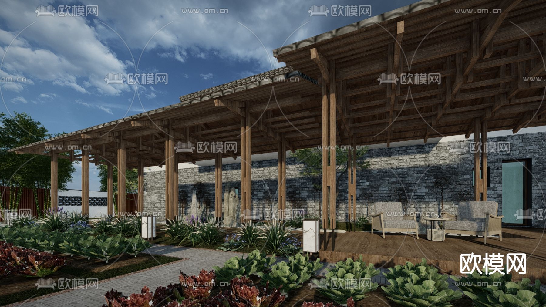 中式乡村庭院su模型下载（渲染图1）