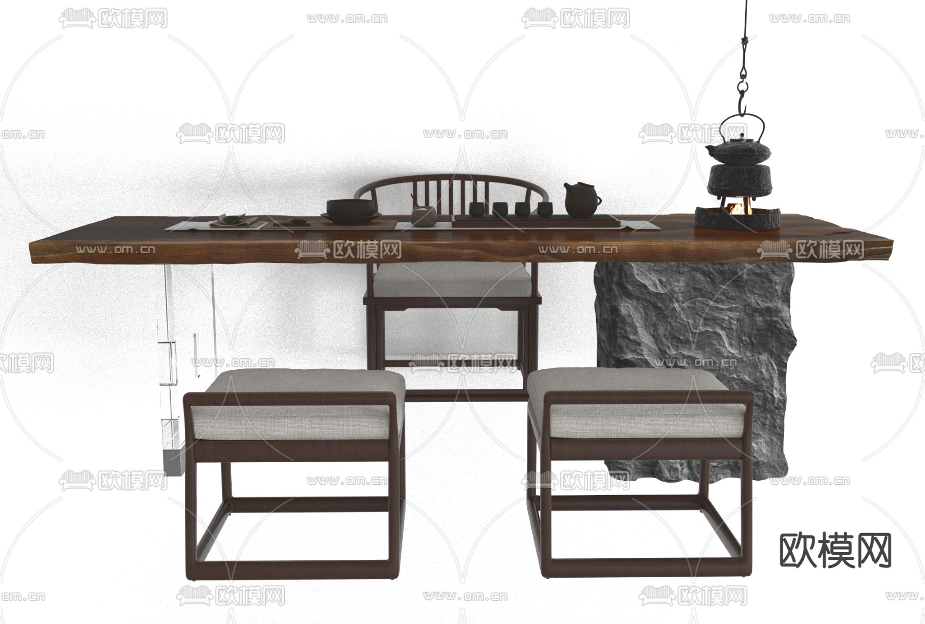 新中式实木茶桌椅免费3d模型下载