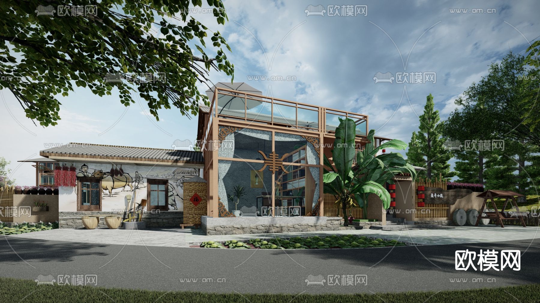 中式田园民宿乡村庭院su模型下载（渲染图1）