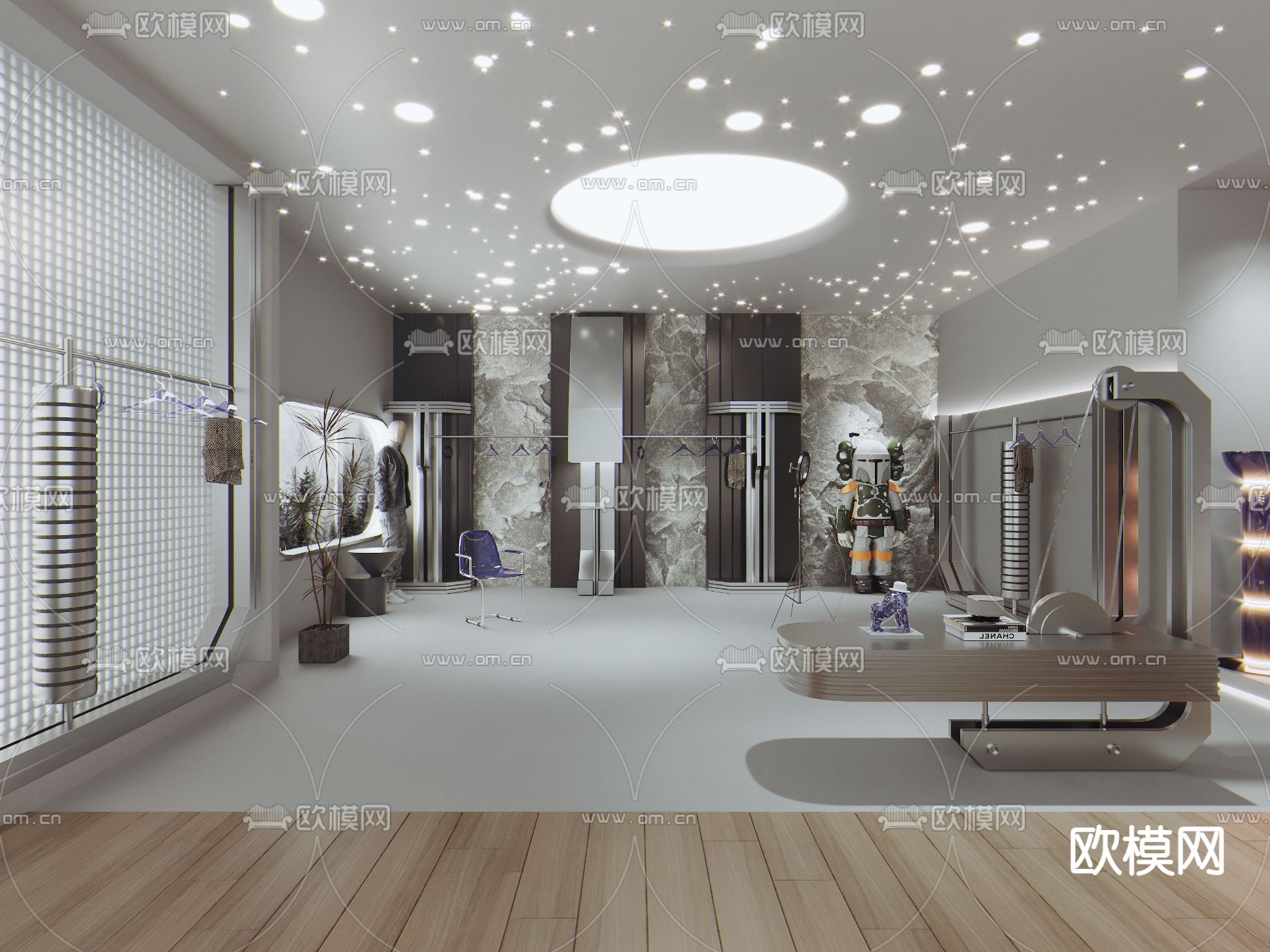 现代潮牌男装服装店直播间3d模型下载（渲染图1）