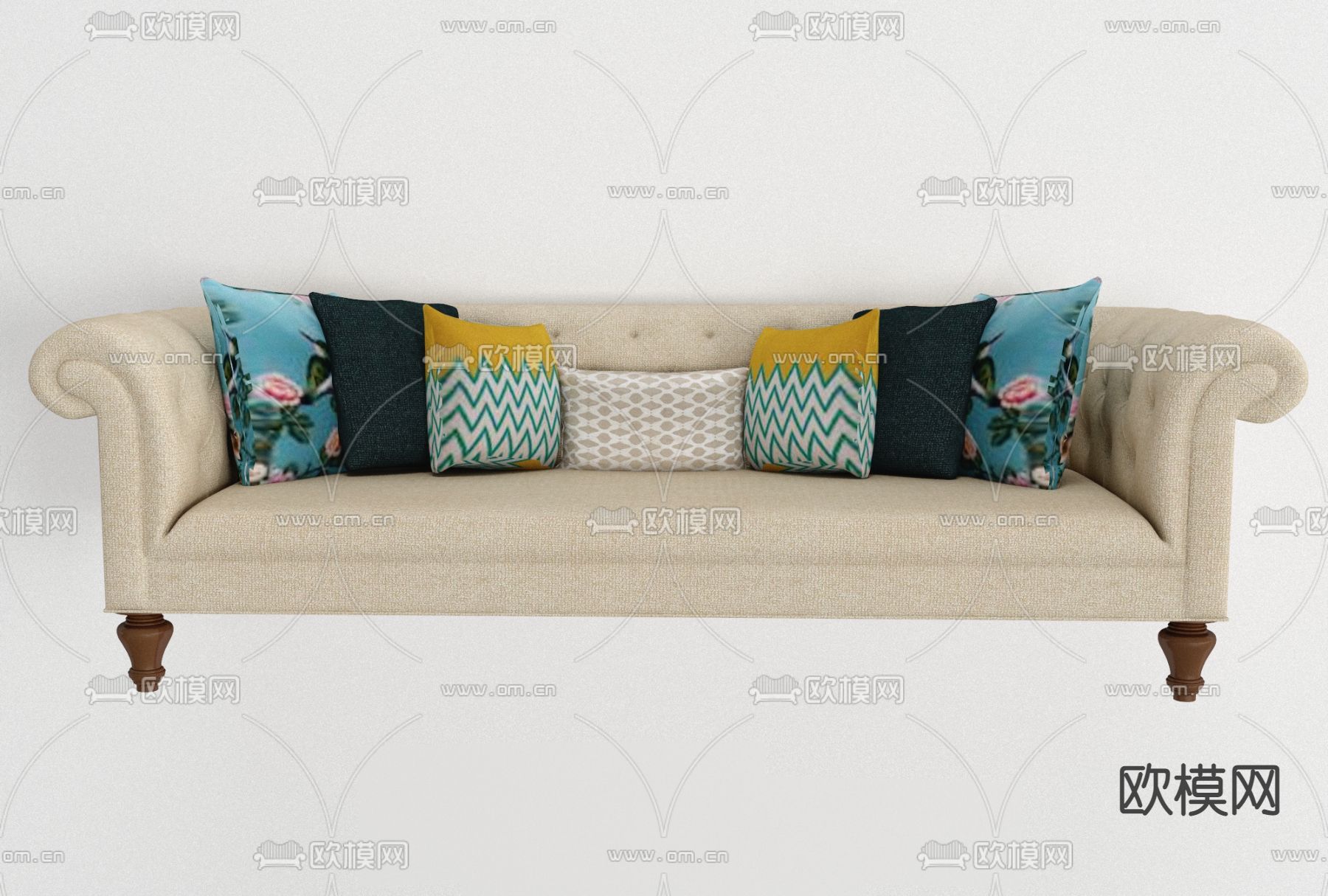 美式布艺多人沙发免费3d模型下载