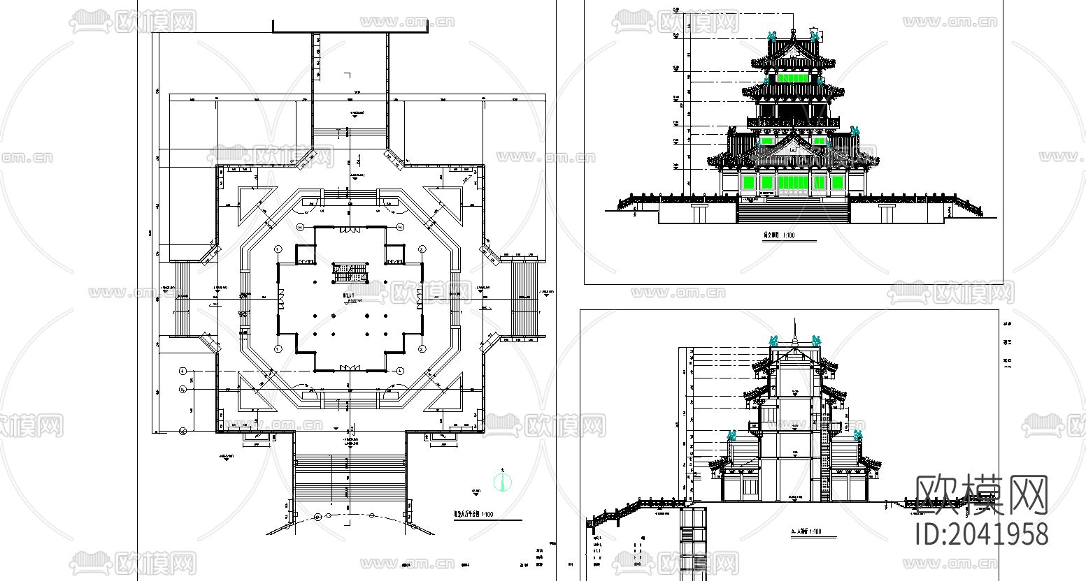 望海楼cad施工图下载（渲染图1）