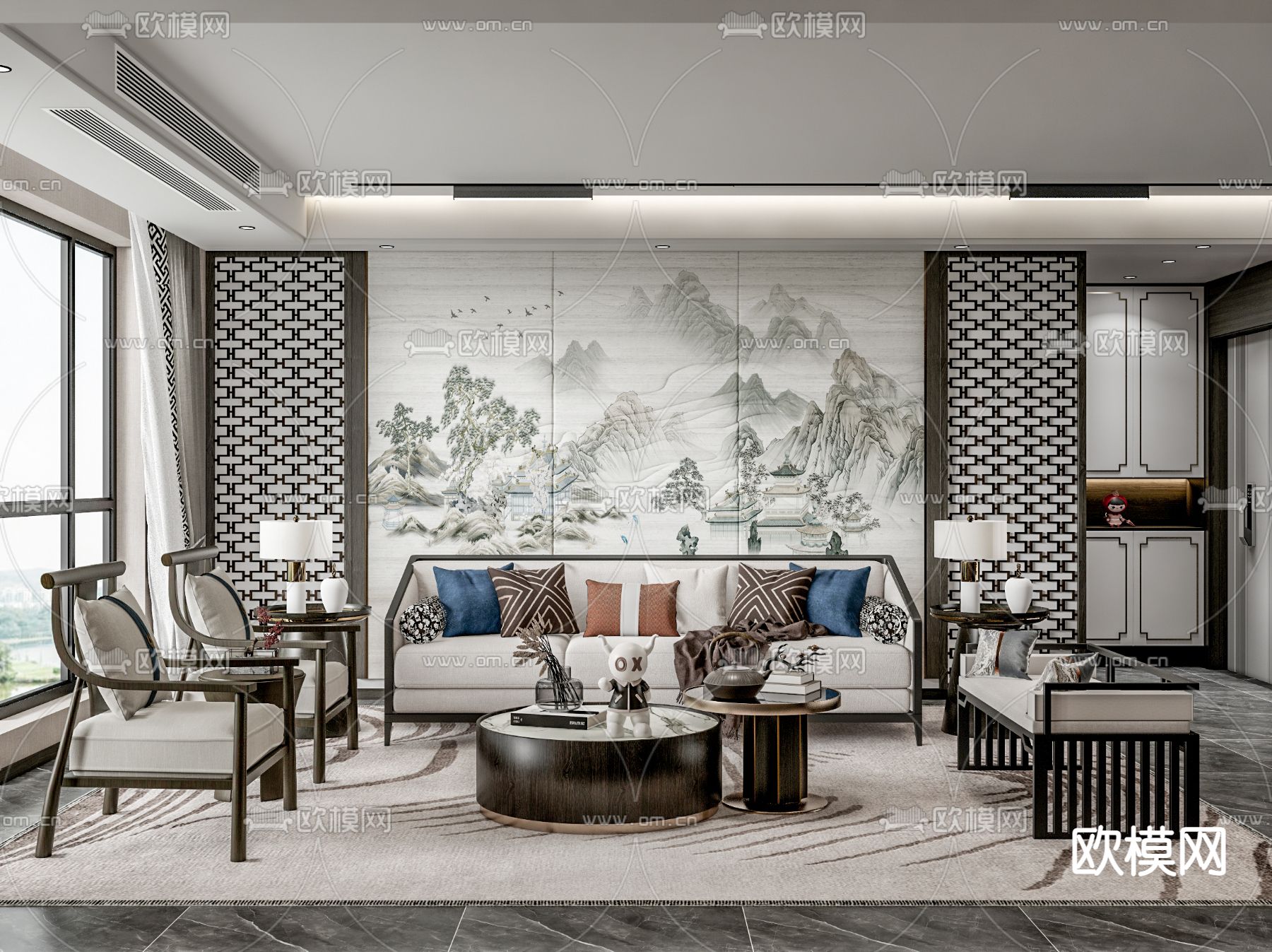 新中式客厅su模型下载（渲染图1）