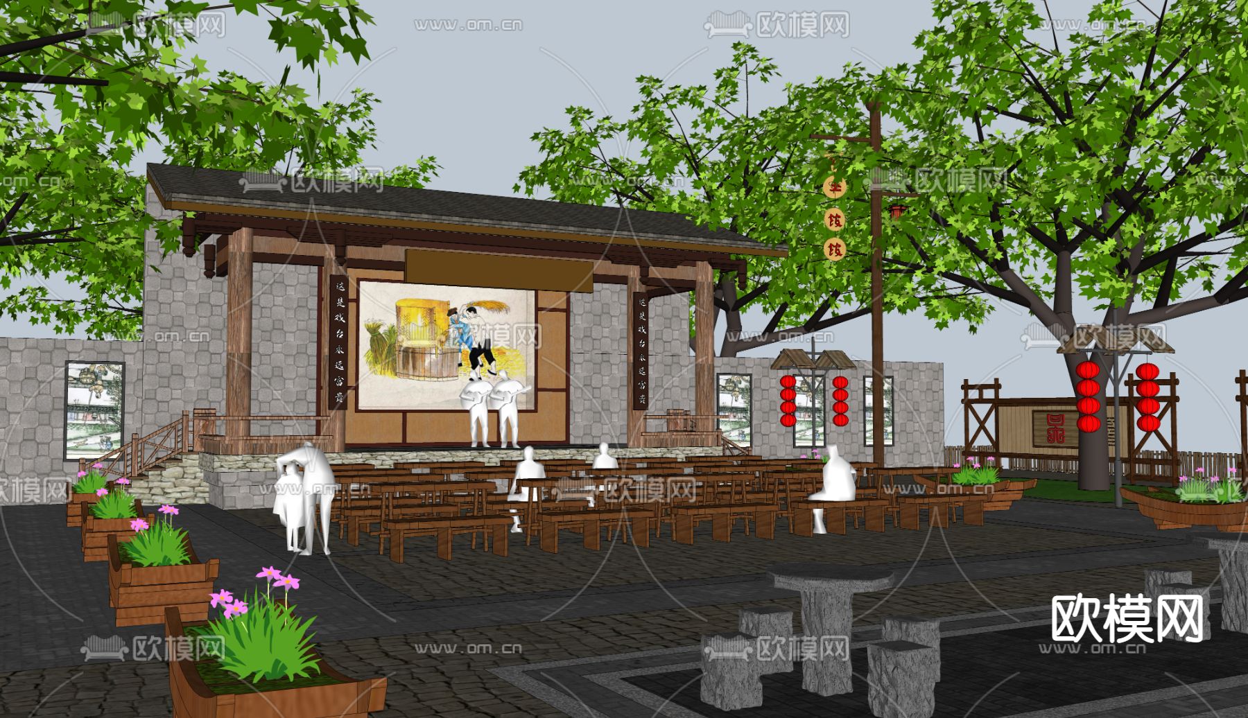 中式乡村戏台广场su模型下载（渲染图3）