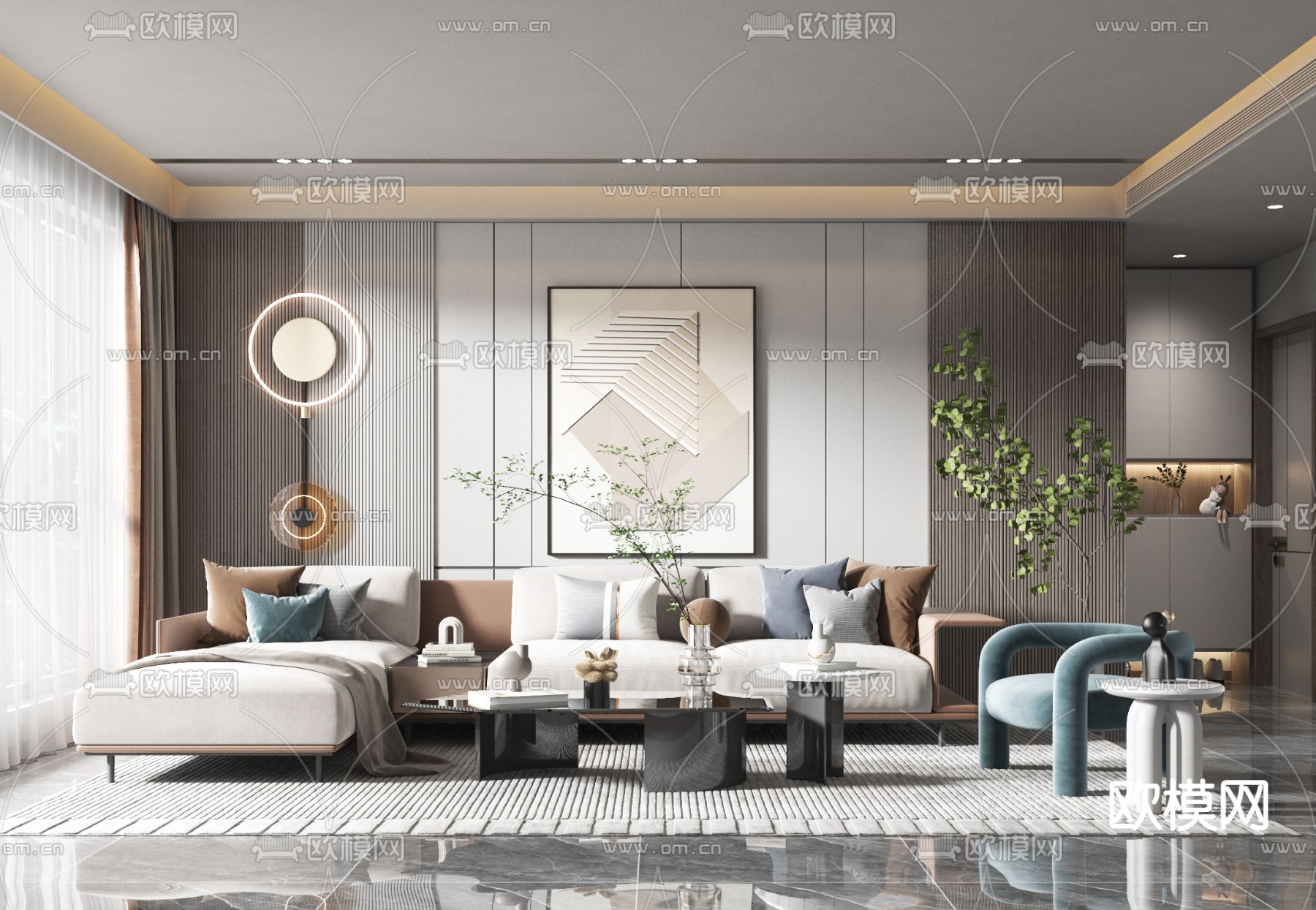 现代转角沙发茶几组合3d模型
