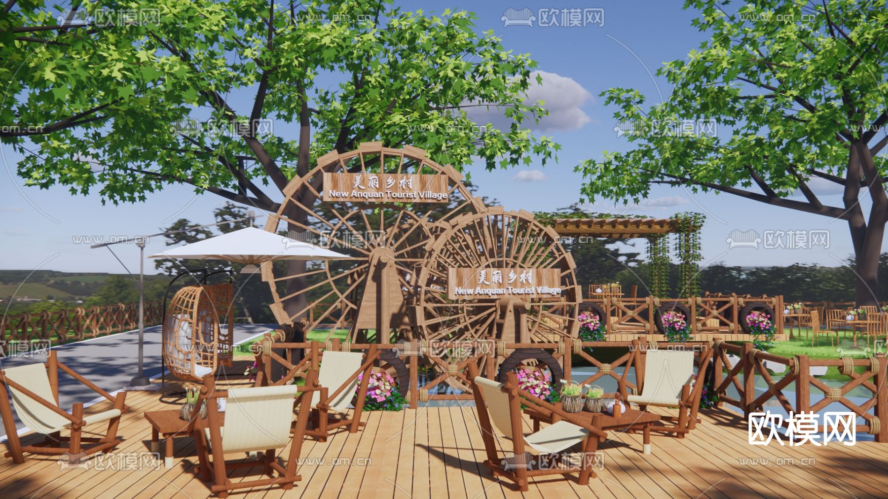 现代村庄入口景观su模型下载（渲染图1）