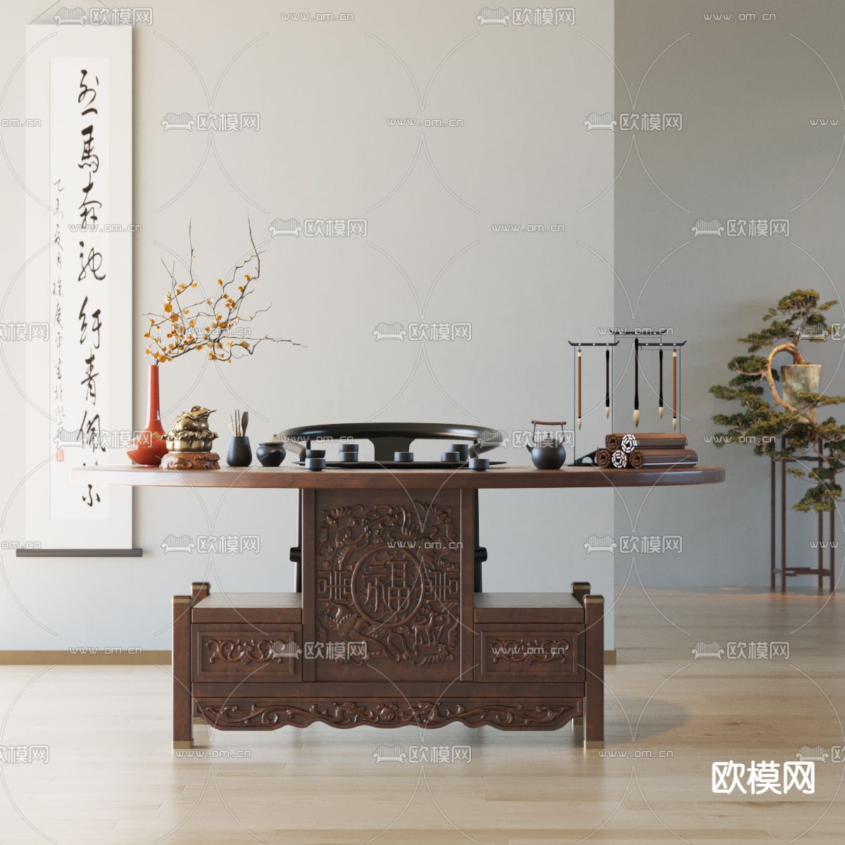 新中式实木茶桌椅3d模型下载（渲染图2）