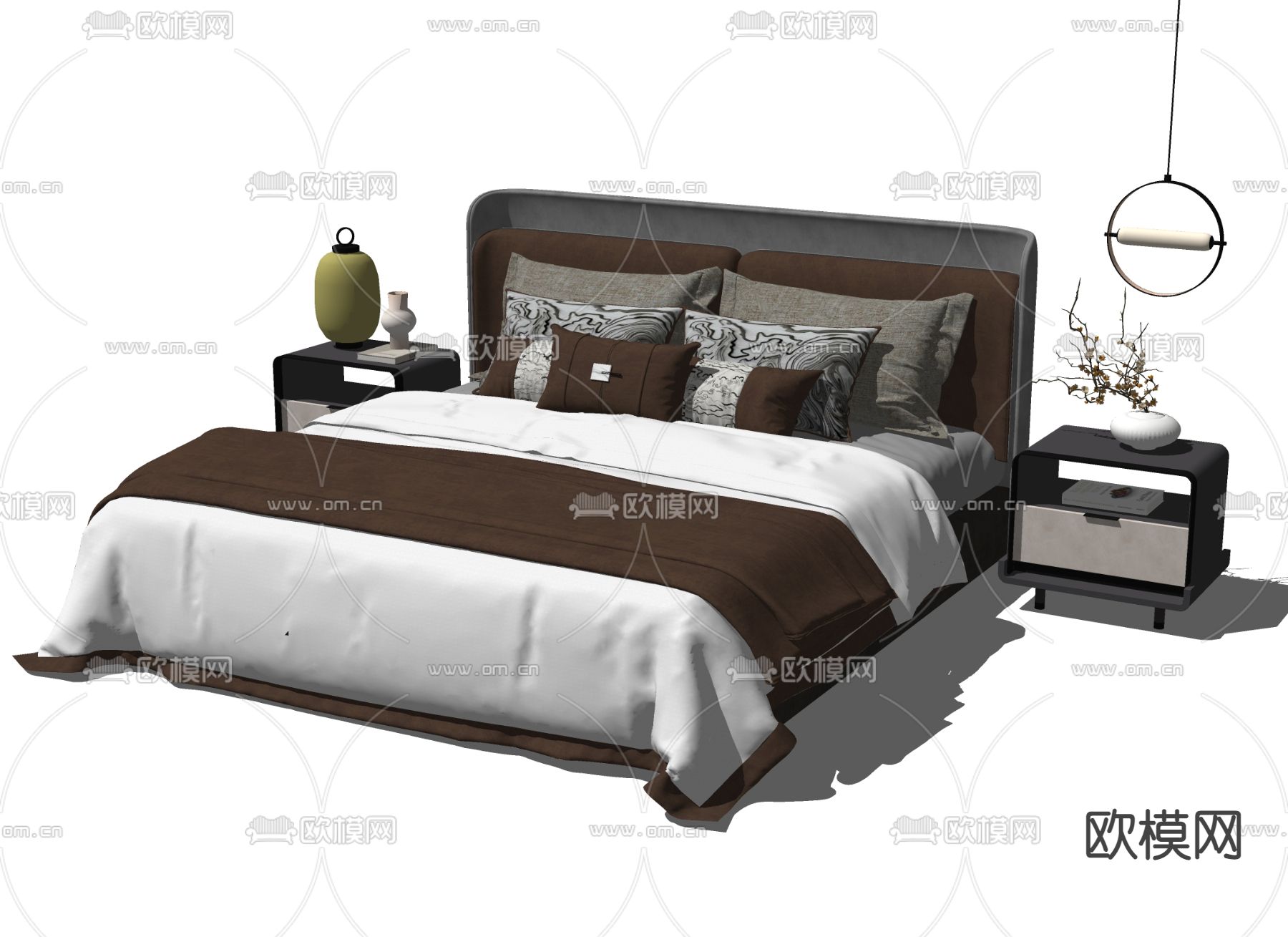 新中式双人床su模型下载（渲染图2）