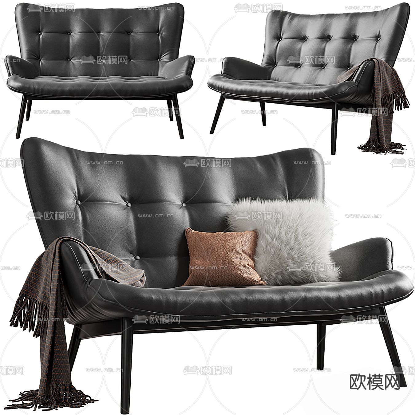 现代皮革双人沙发3d模型下载（渲染图2）
