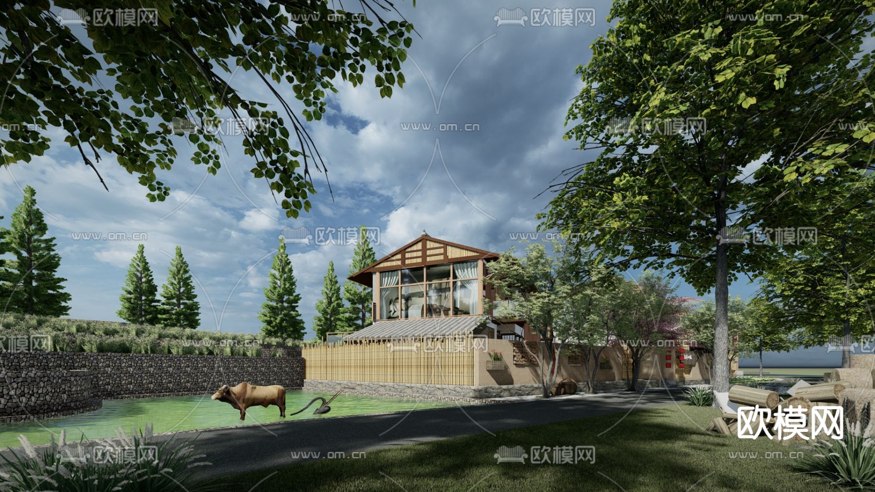 中式田园民宿乡村庭院su模型下载（渲染图4）