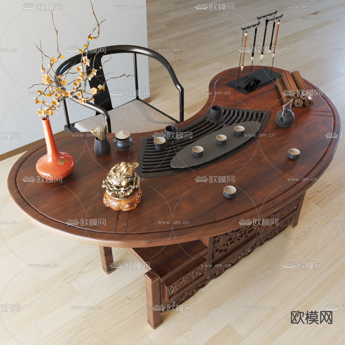 新中式实木茶桌椅3d模型下载（渲染图1）