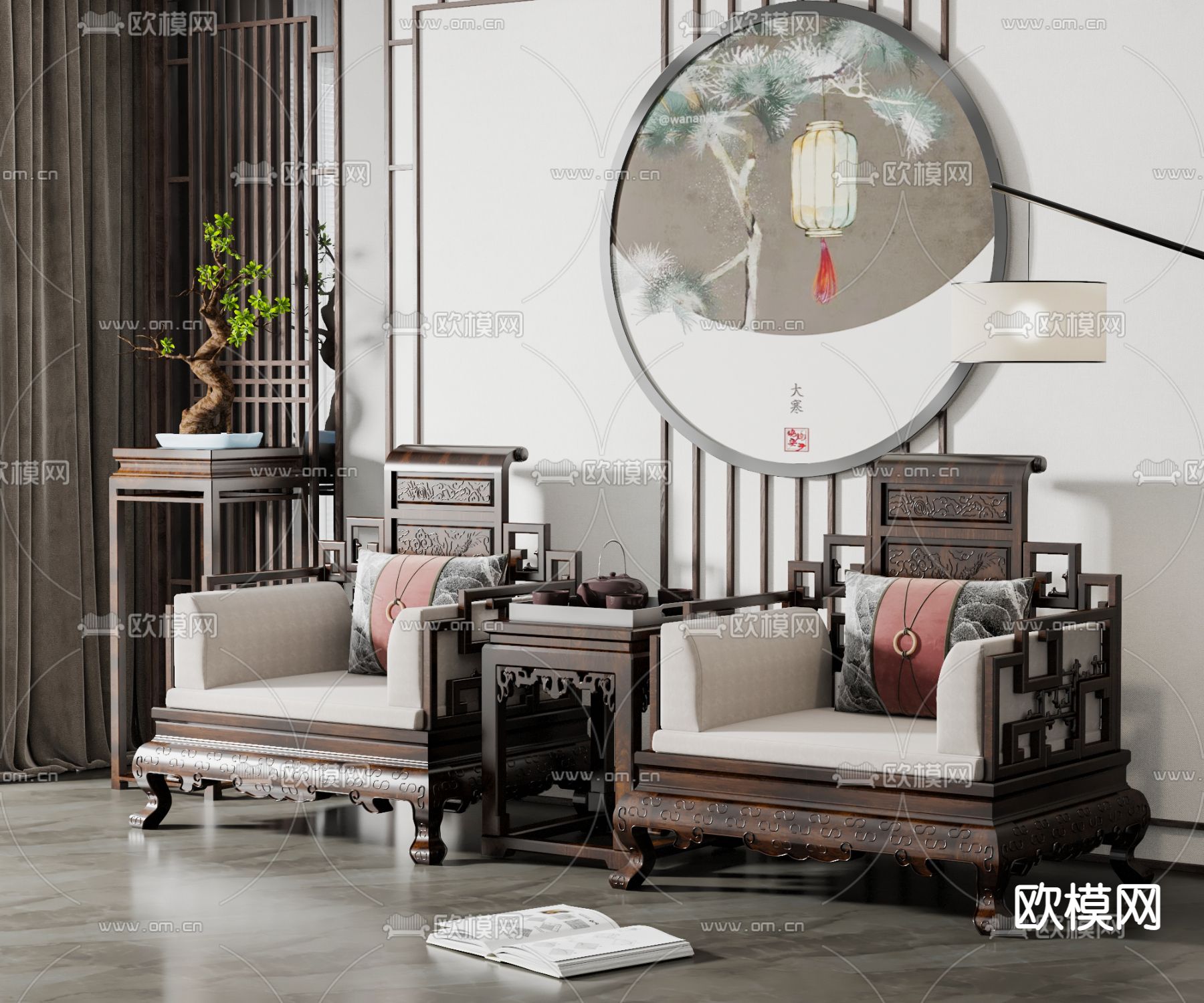 新中式实木单人沙发3d模型下载