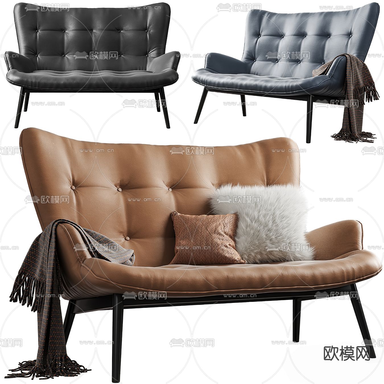 现代皮革双人沙发3d模型下载（渲染图1）