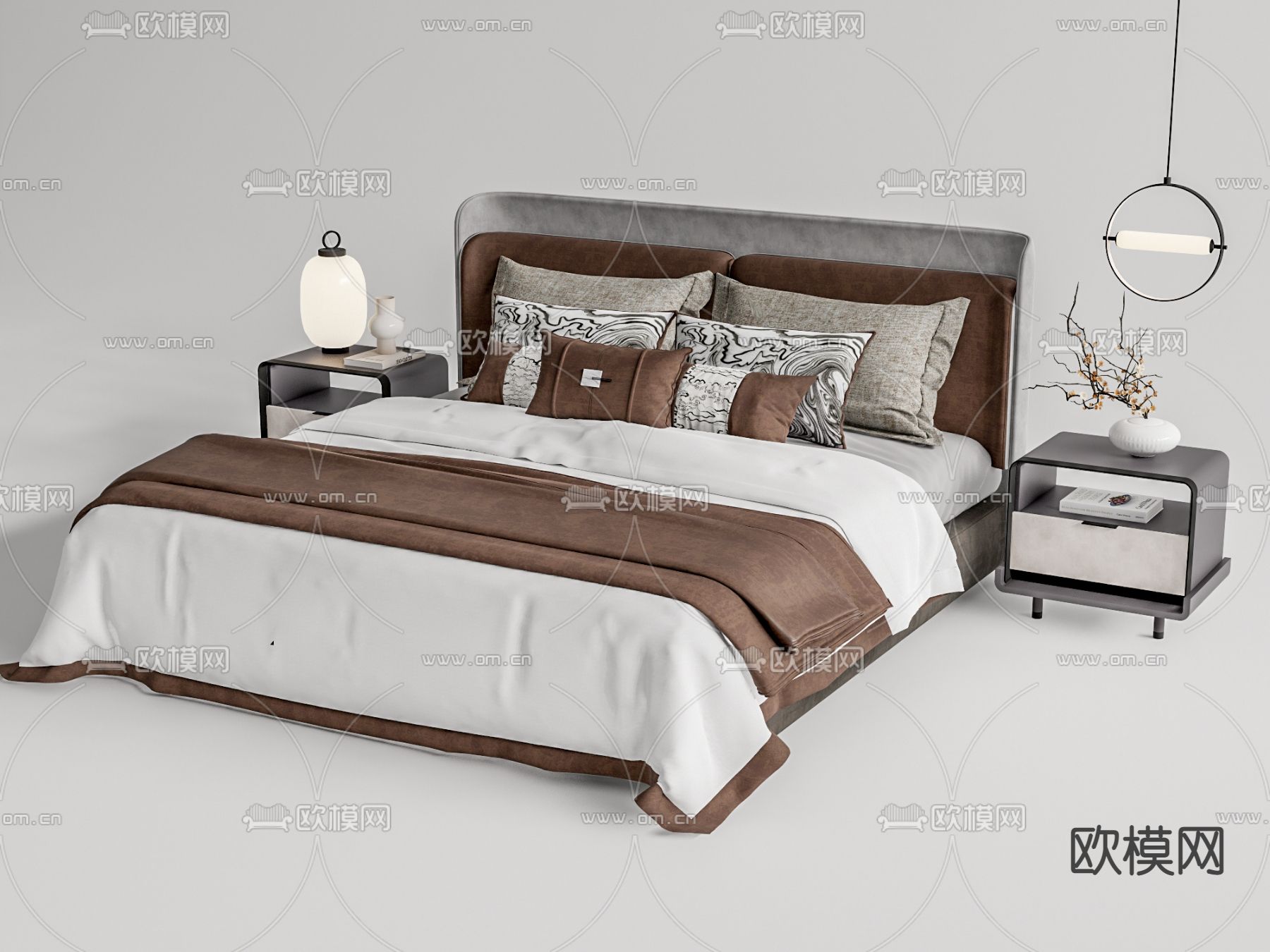新中式双人床su模型下载（渲染图1）