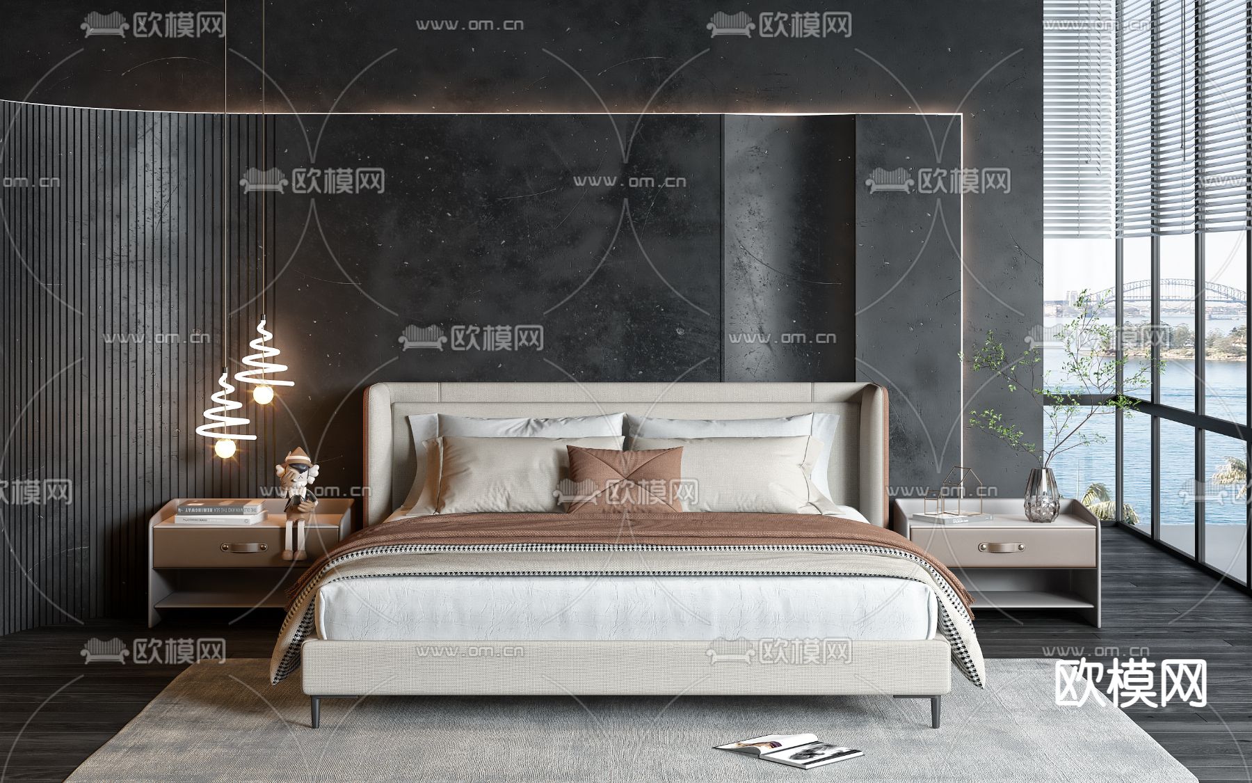 现代皮革双人床3d模型下载（渲染图2）