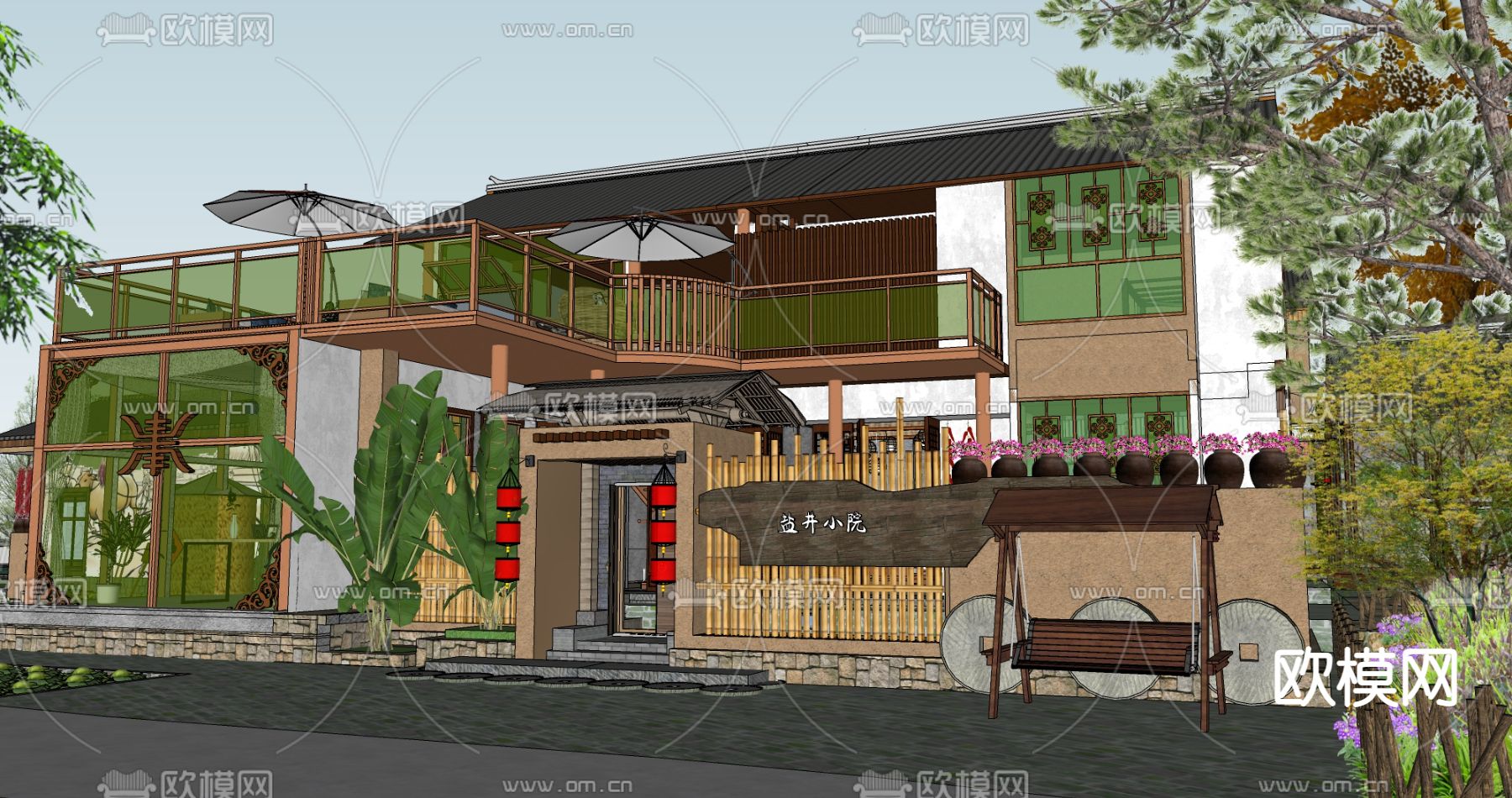 中式田园民宿乡村庭院su模型下载（渲染图3）