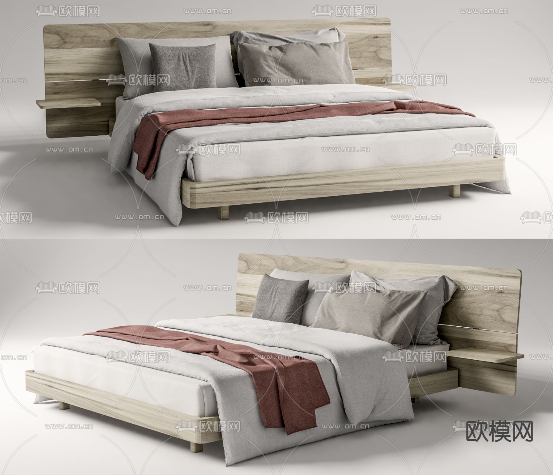 侘寂原木双人床su模型下载（渲染图1）