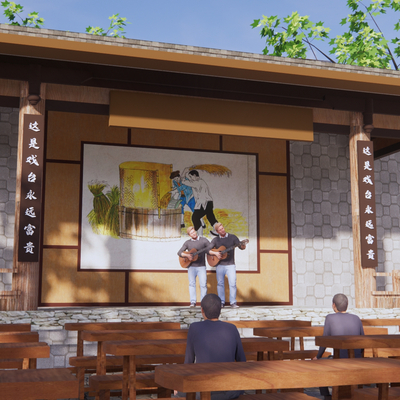  中式乡村戏台广场su模型 