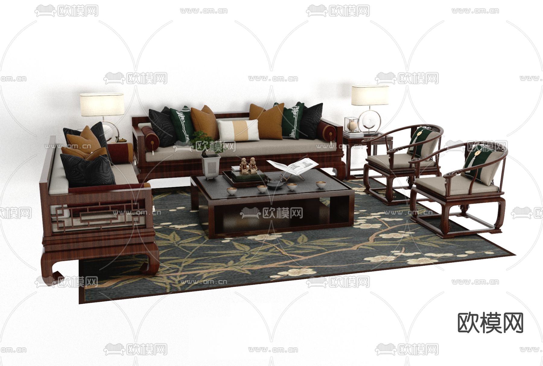 新中式实木组合沙发免费3d模型下载