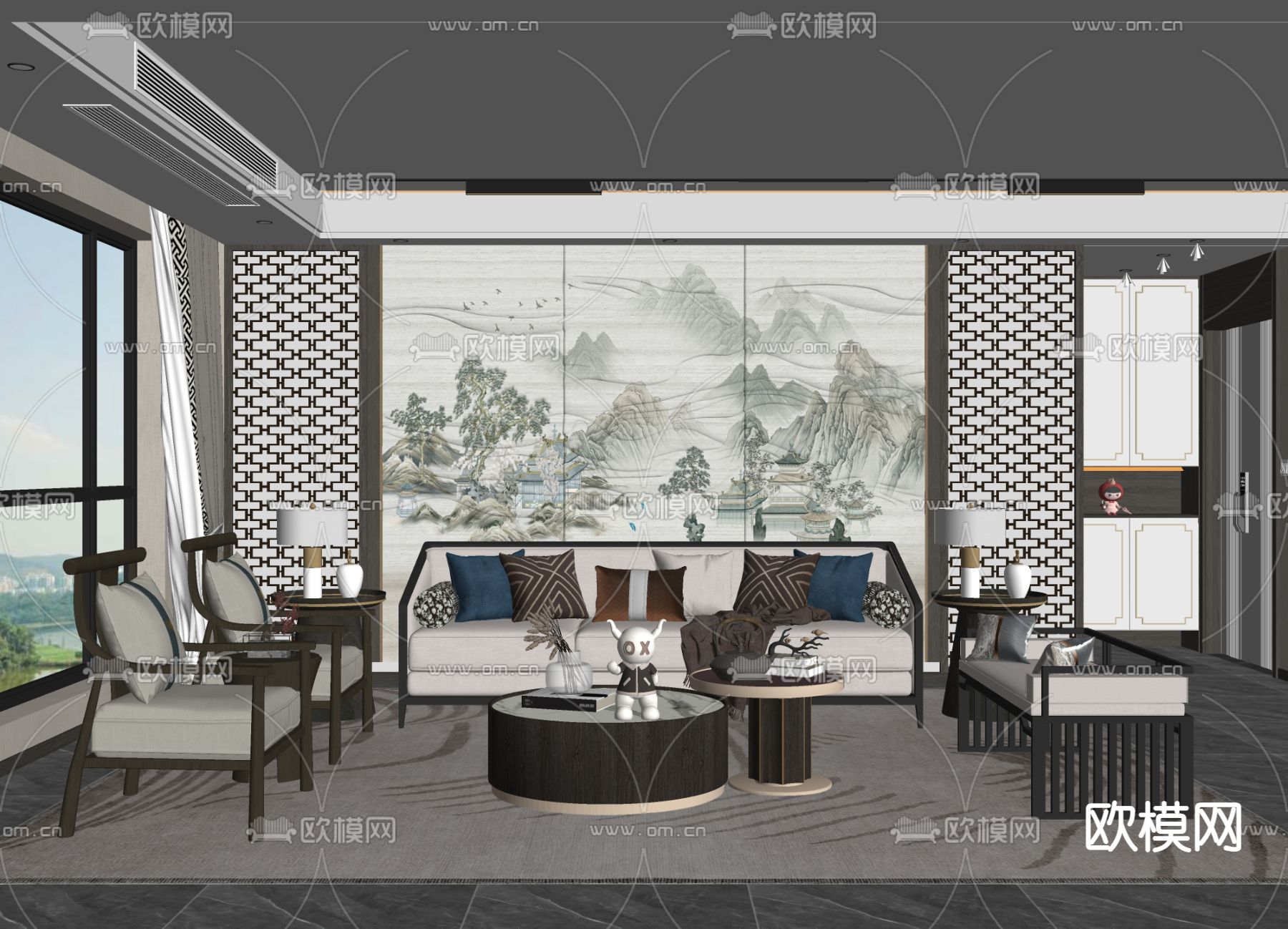 新中式客厅su模型下载（渲染图2）