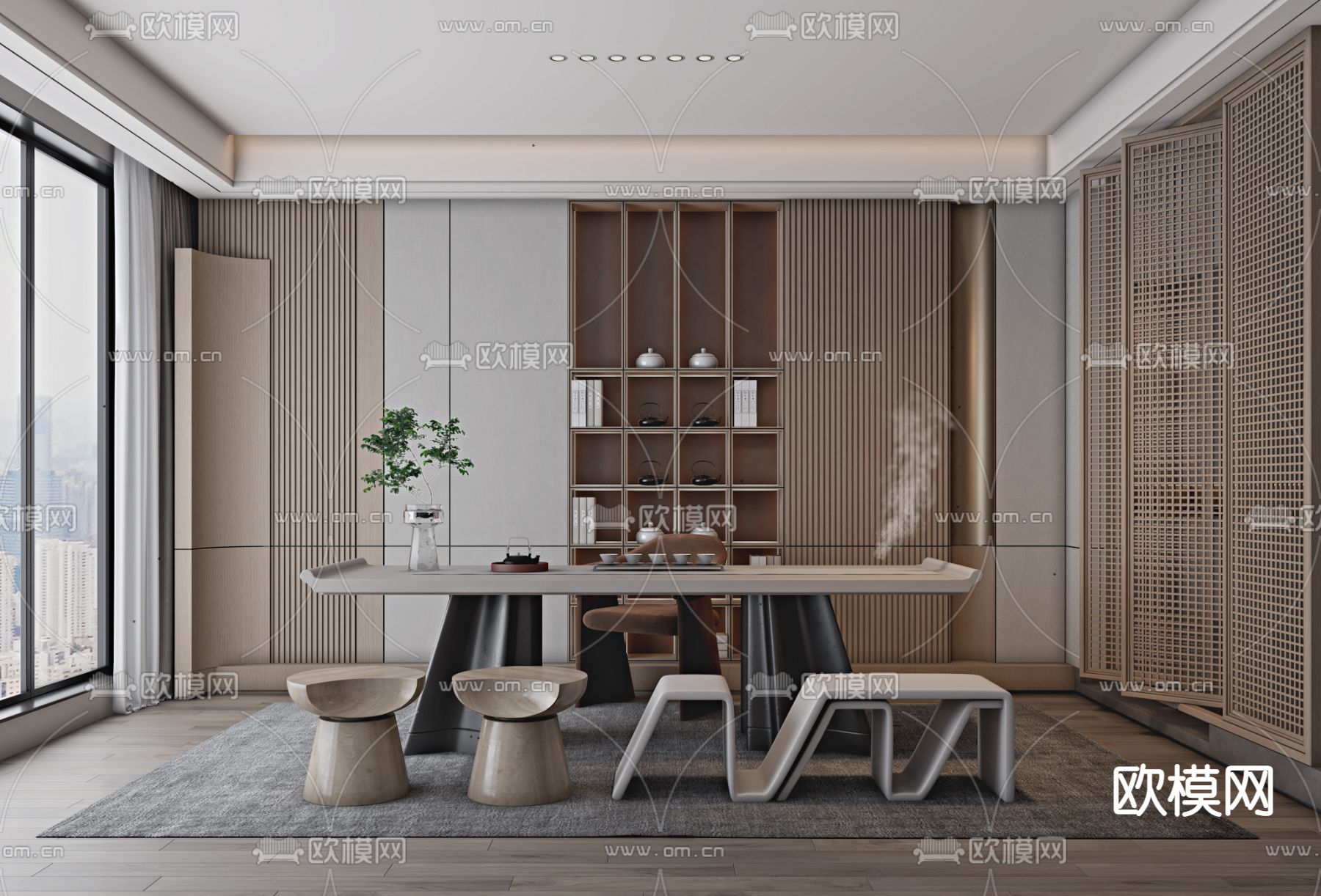 新中式轻奢茶室3d模型下载_ID11892446_3dmax免费模型-欧模网