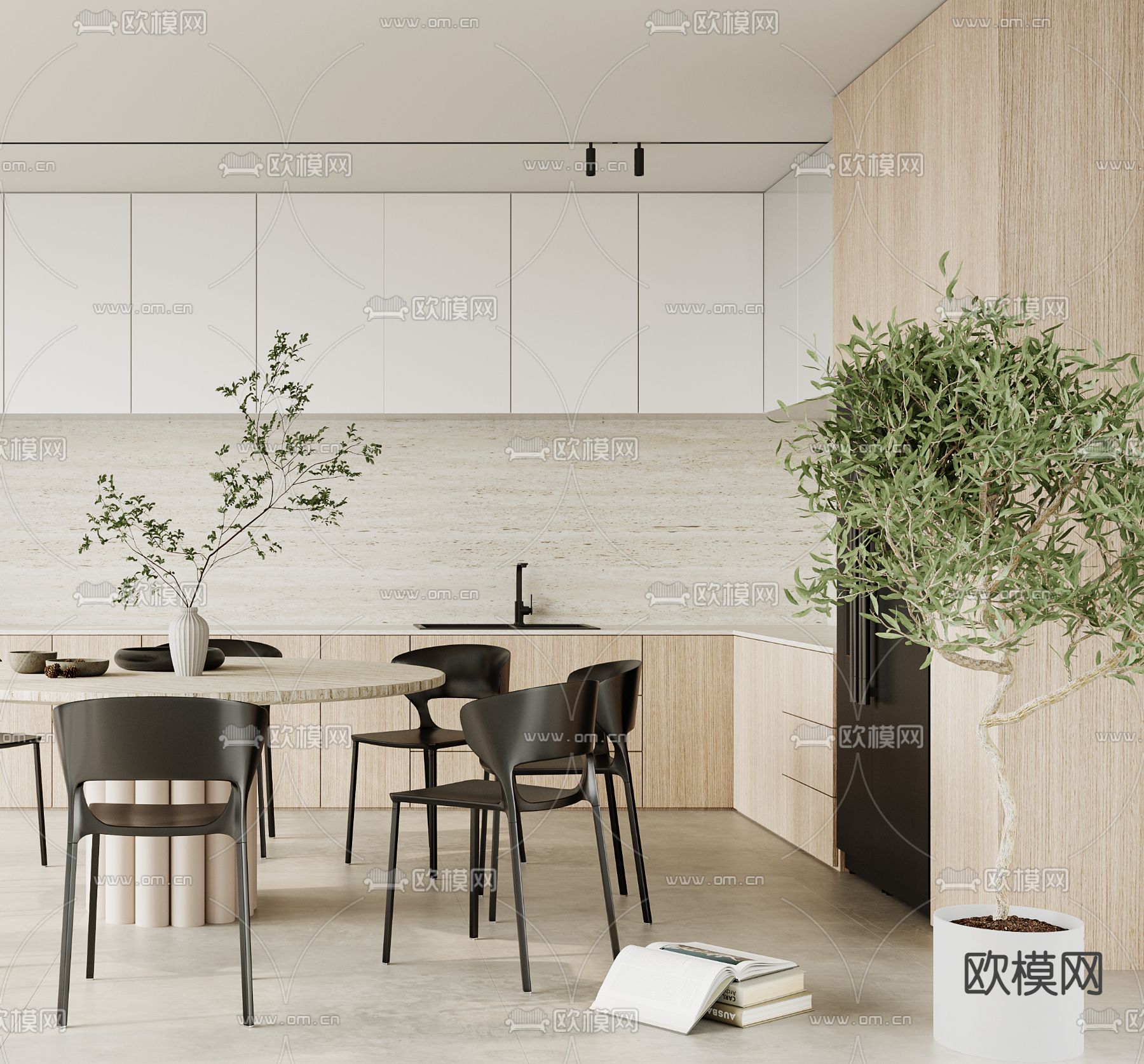 侘寂实木餐桌椅3d模型下载（渲染图3）