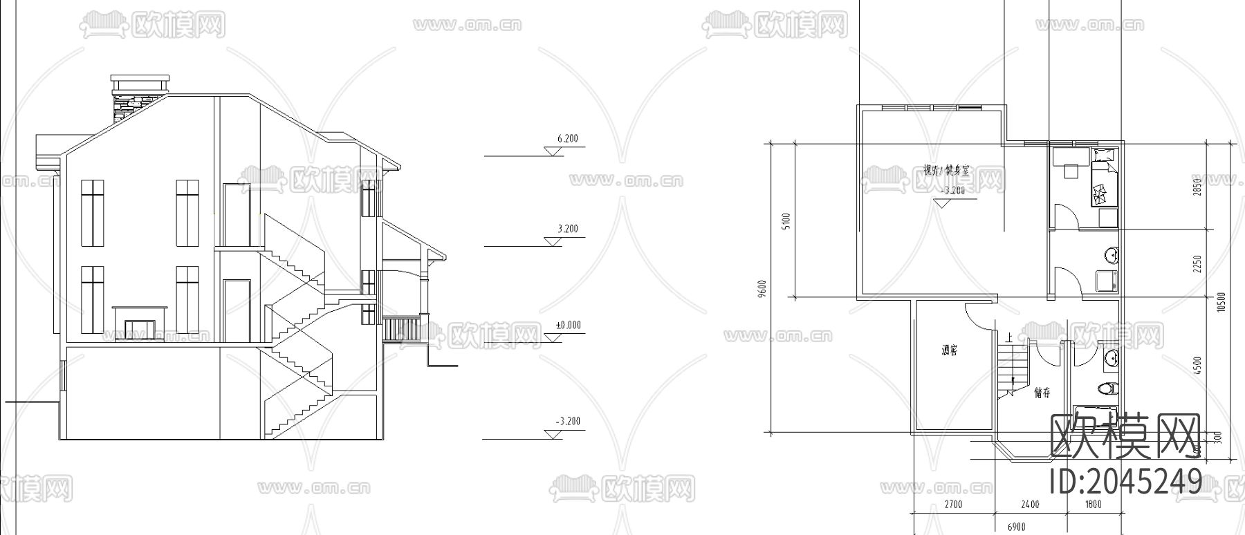 坡地独栋别墅cad施工图下载（渲染图3）