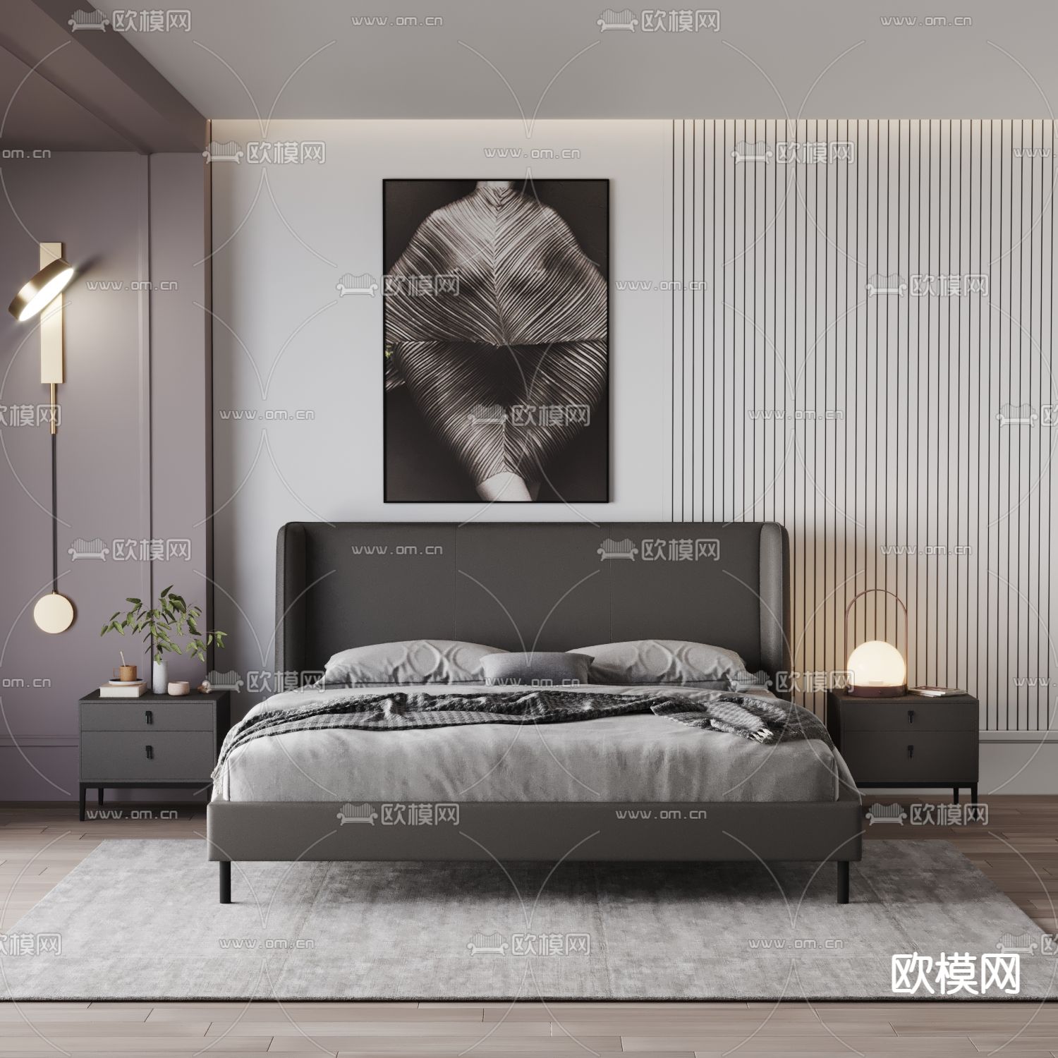 现代皮革双人床3d模型下载（渲染图2）