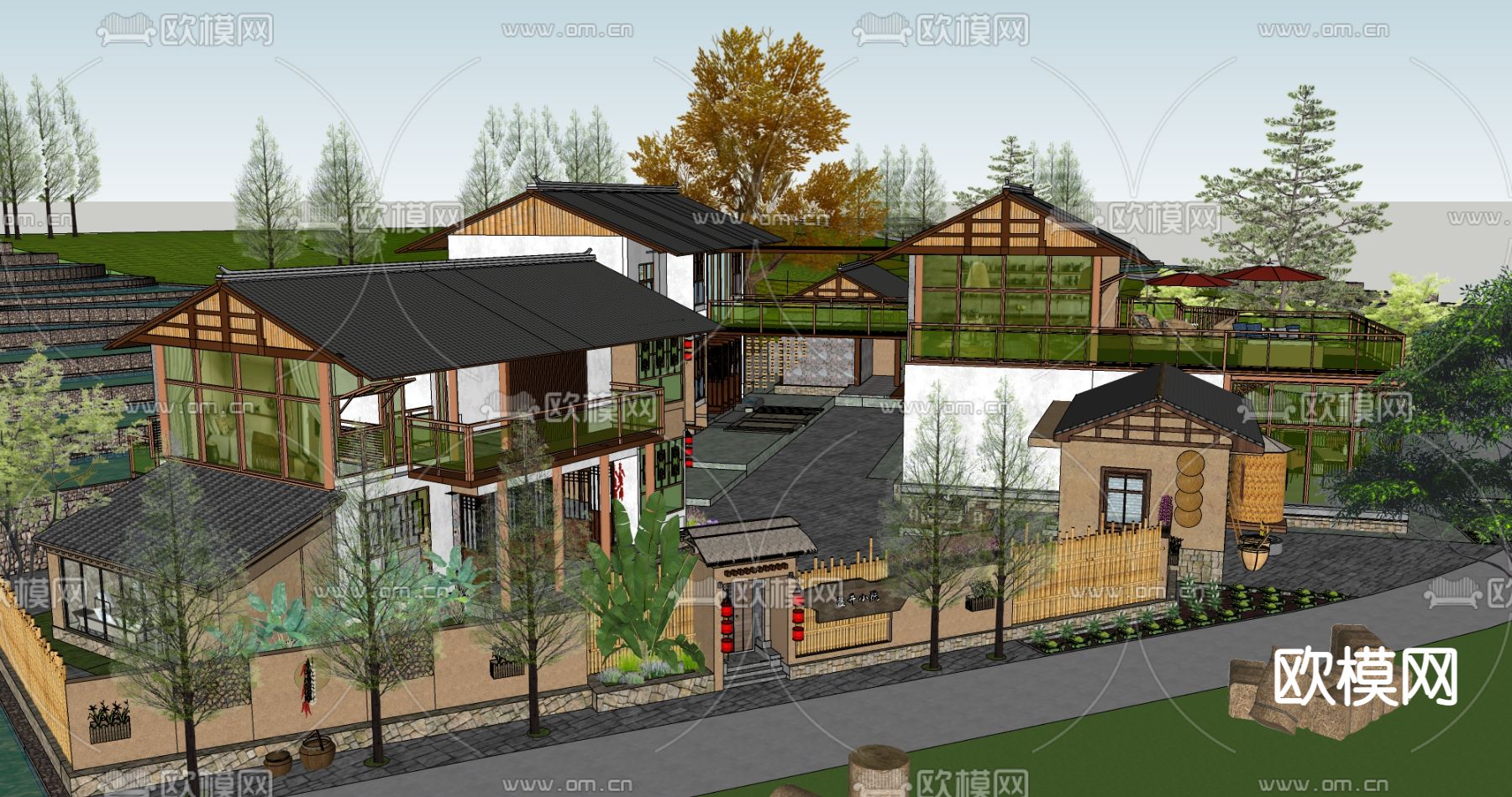 中式田园民宿乡村庭院su模型下载（渲染图2）