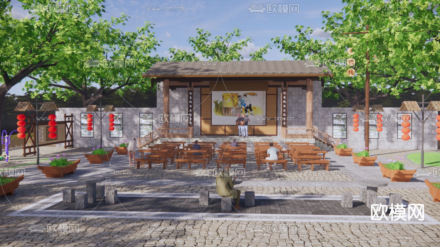 中式乡村戏台广场su模型下载（渲染图1）